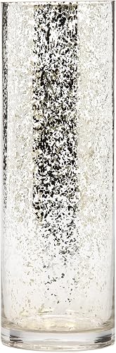 Hosley 12 Inch High Metallic Silver Speckled Finish Glass Floral Vase. Ideal Gift for Floral Arrangements Weddings Bridal Spa Meditation Reiki Rose Vase Nautical Settings Led Lantern Votive Garden P1