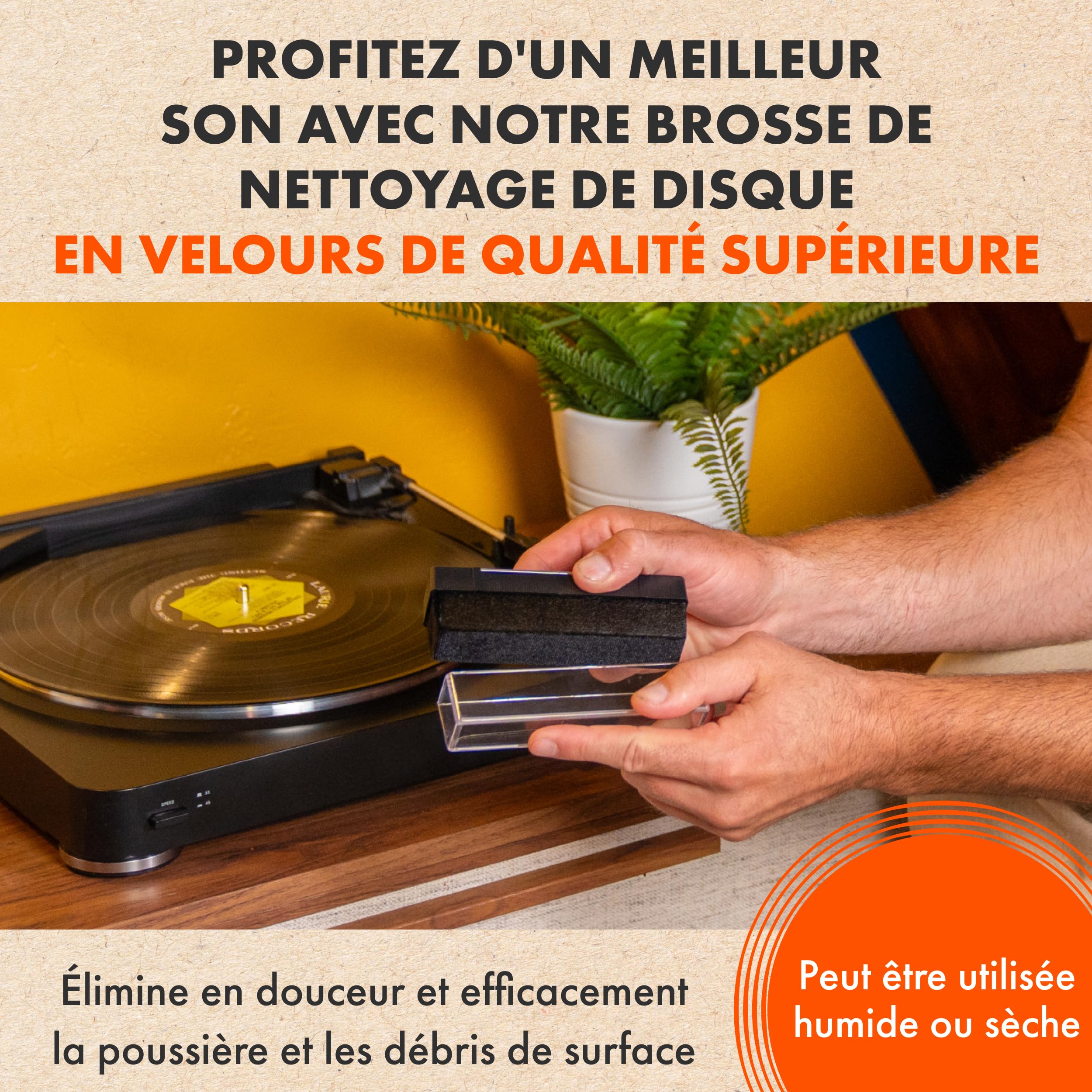 Brosse Vinyl | Spincare Nettoyeur Vinyle en Velours pour LP avec Couvercle Anti-Poussière Protecteur | Entretien des Albums | Nettoyage Vinyle Poussière & Saletés