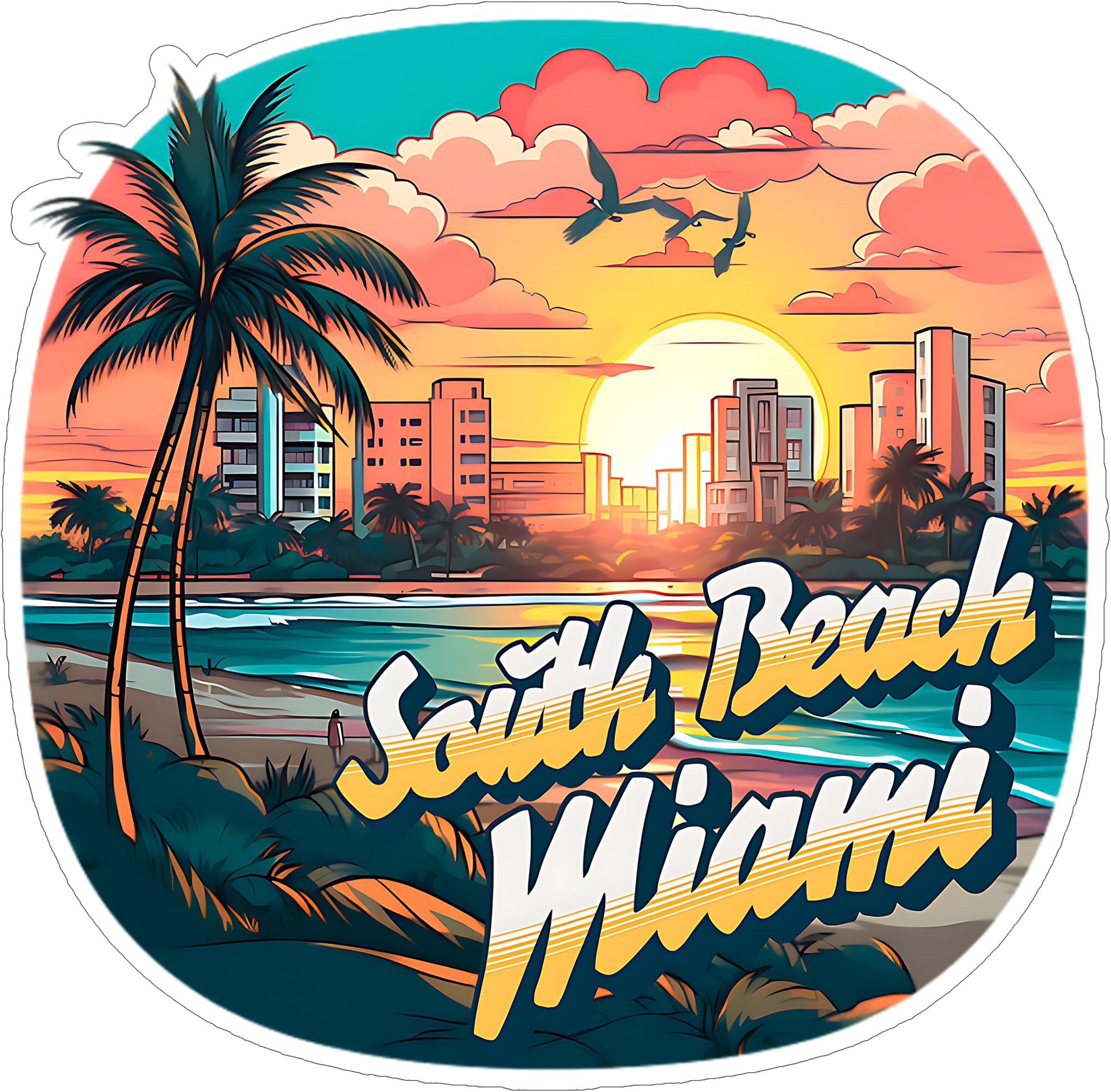 South Beach Miami Sticker Florida Window Nature Decal Vinyl Small Waterproof for Water Bottle Mug Passport Book Scrapbook Notebook Laptop Tumbler Skateboard Computer Phone Size 4" Funny Gift