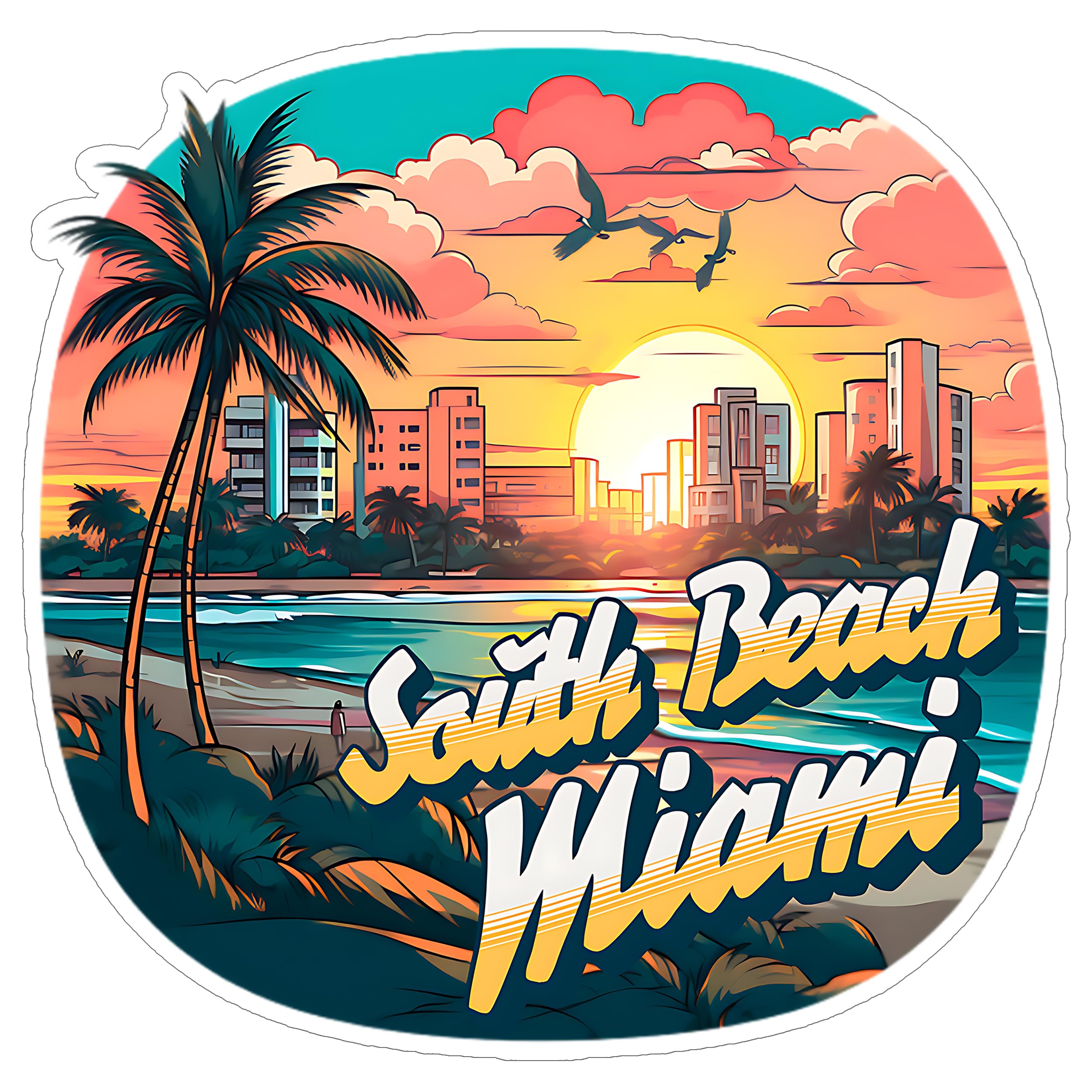 South Beach Miami Sticker Florida Window Nature Decal Vinyl Small Waterproof for Water Bottle Mug Passport Book Scrapbook Notebook Laptop Tumbler Skateboard Computer Phone Size 4" Funny Gift