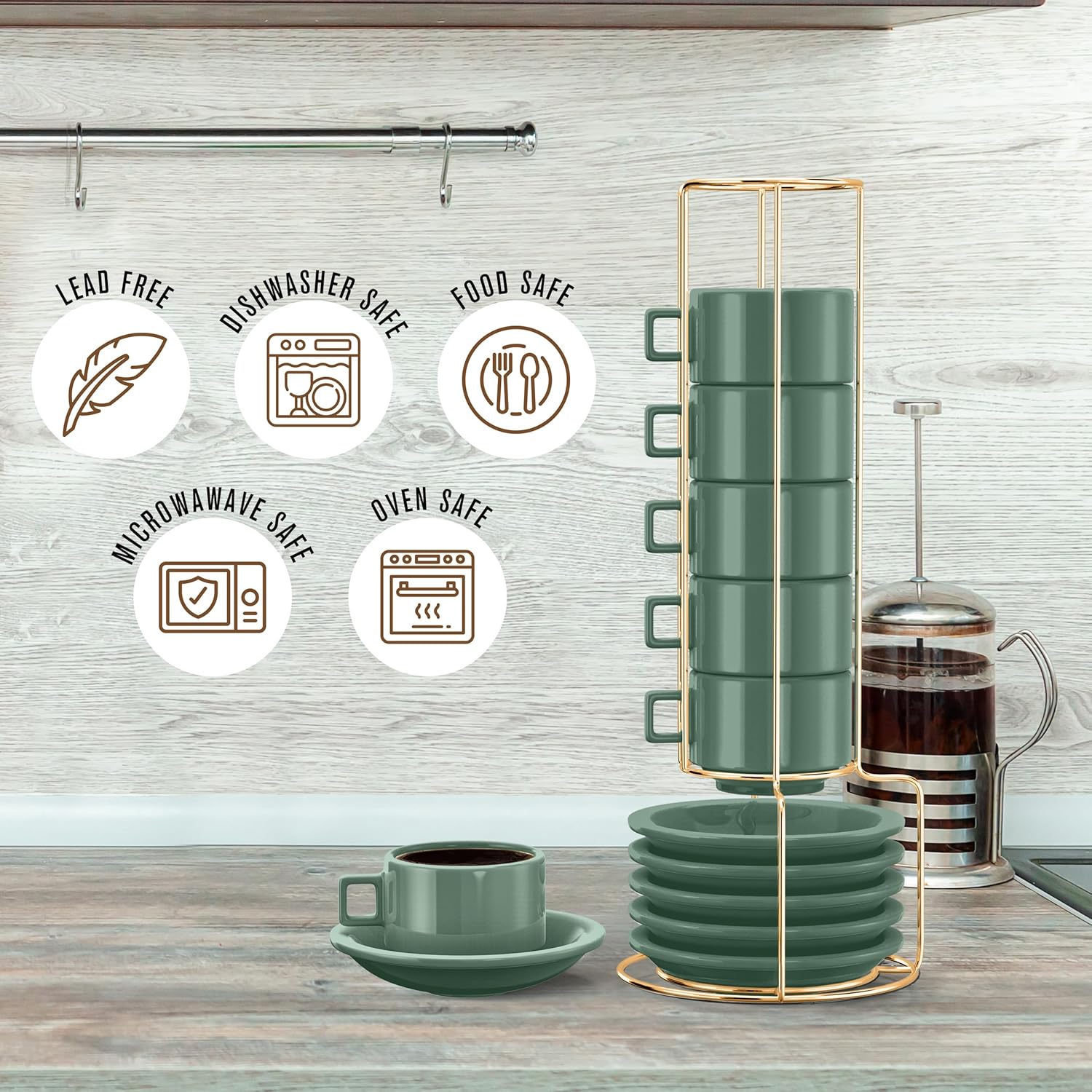 Houseables Espresso Cup Set, Espresso Cups Stackable, Expresso, Demitasse, with Saucers, Stand, Spoons, Coffee Mugs, Juego De Tazas Para Cafe, Porcelain, Stacking, 19 Pieces, Set of 6, 2.5 oz, Green