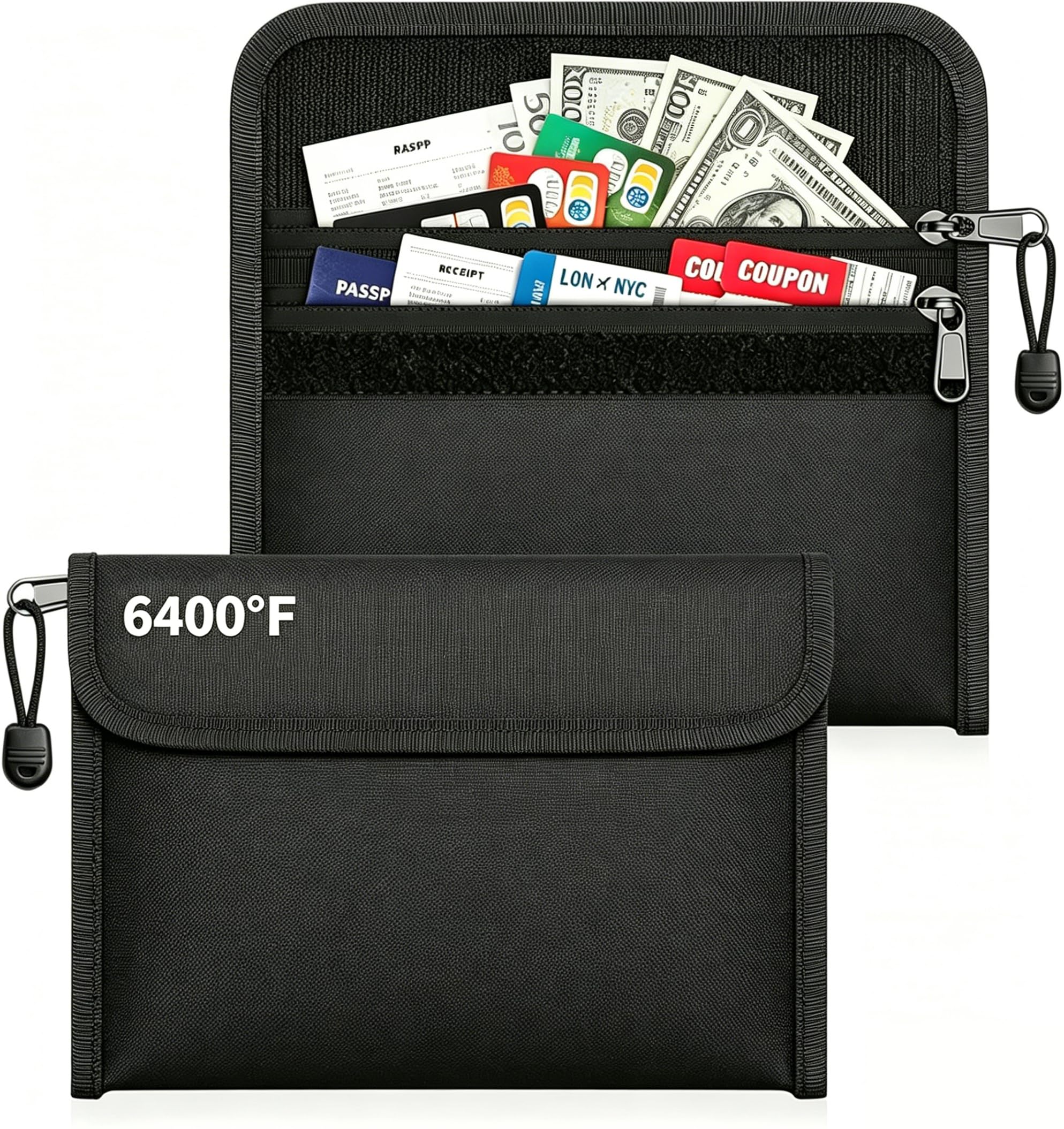 Pack de 2 Bolsa Ignífuga para Documentos (21,5x15cm), Maletín Ignífugo Impermeable con Doble Cremallera, Funda de Seguridad para Dinero, Pasaporte y Objetos de Valor