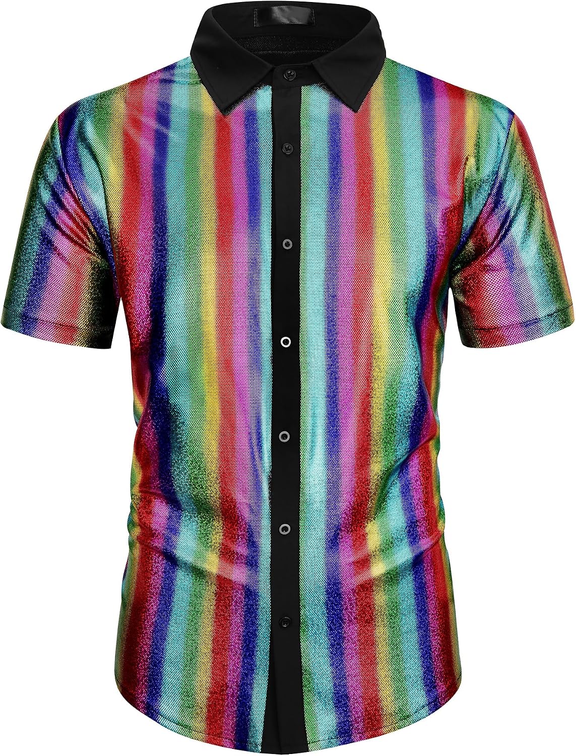 Lars Amadeus Shiny Metallic Shirts for Men's Short Sleeves Button Sequin Disco Glitter Shirts
