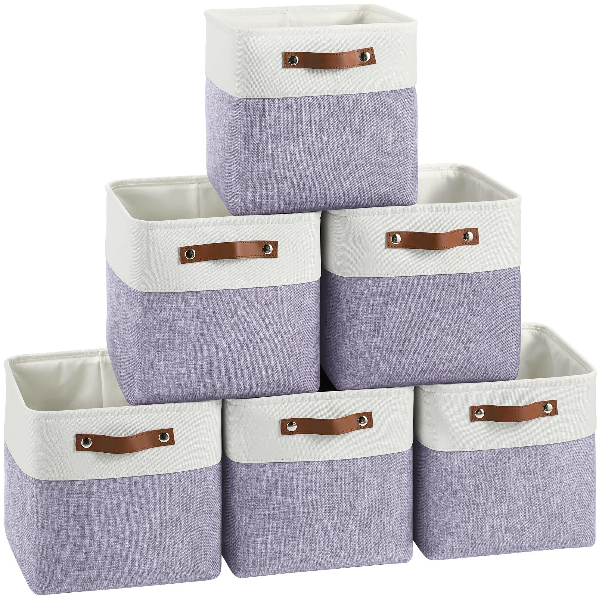 FinishingBo Cube Storage Baskets 6 Pack, 11x11 inch Cube Storage Bins with Leather Handles for Shelf Closet (White/ Purple)