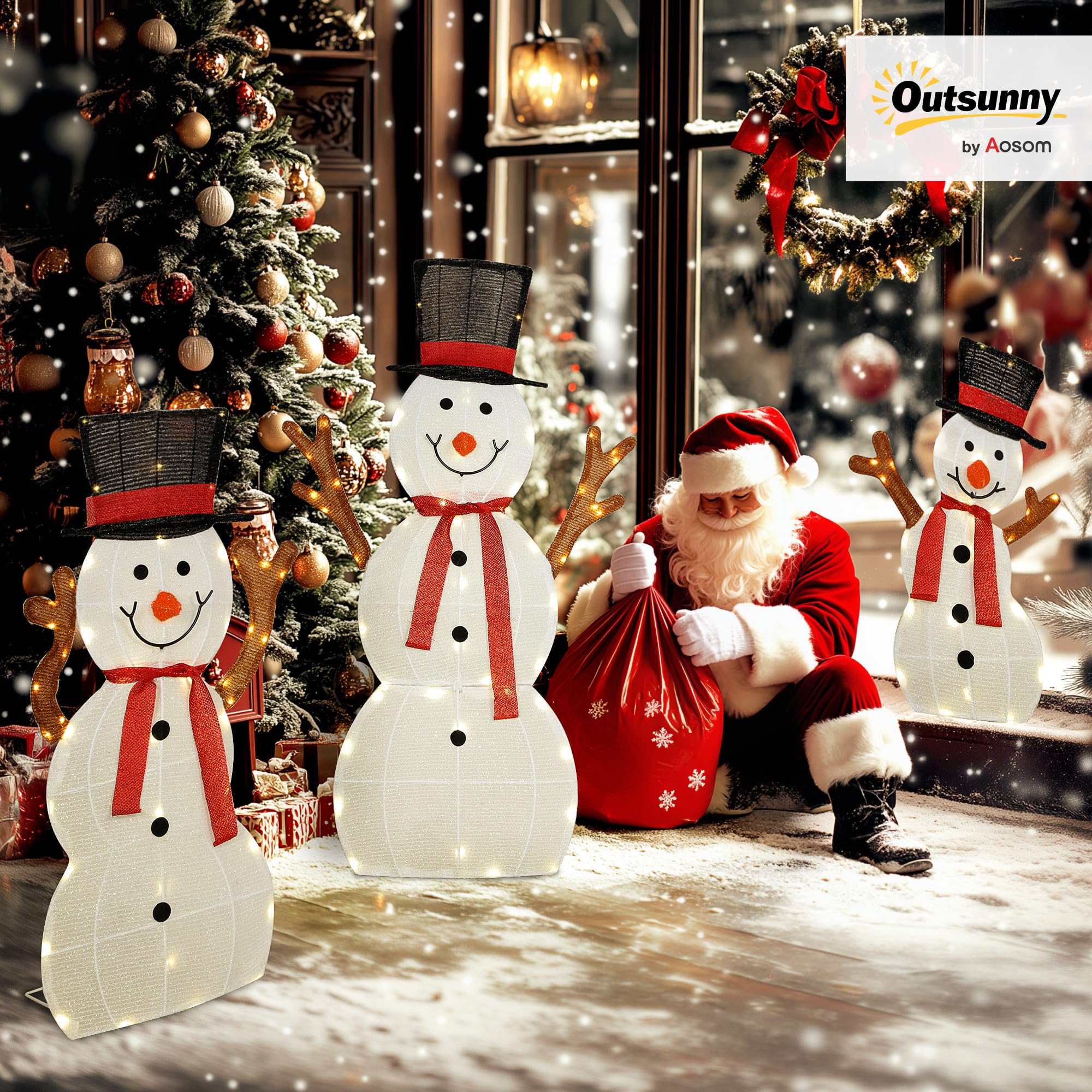 Outsunny 3-teilige Weihnachtsdeko Schneemann-Familie 91,5 cm mit LED | Weihnachtsfigur, Weihnachtsdekoration mit Stahlrahmen, Spannbändern, Weihnachtsbeleuchtung für Indoor & Outdoor, IP44