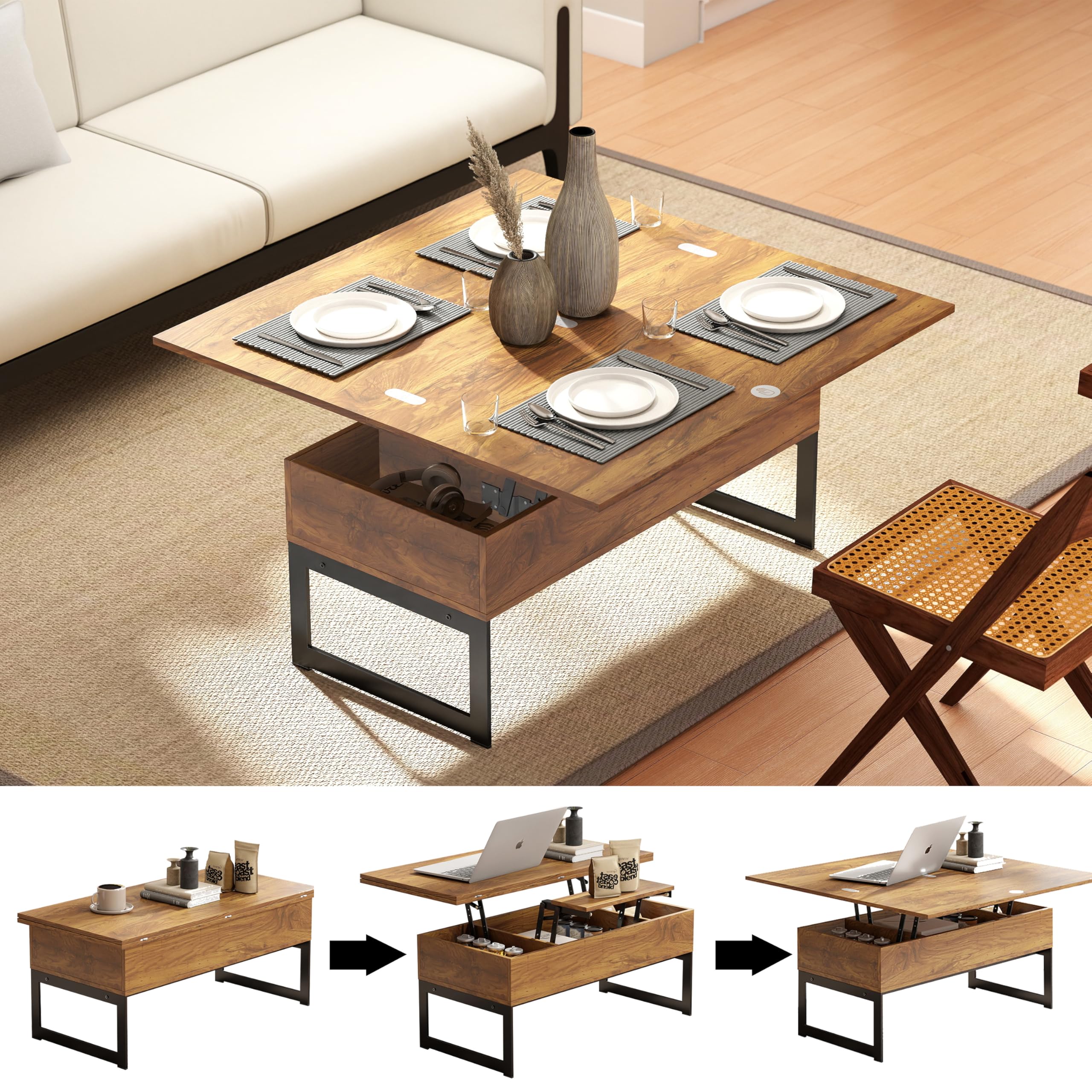 Manora Table basse multifonction convertible en table de salle à manger ou poste de travail pour salon, bureau à domicile, design compact avec rangement caché, marron