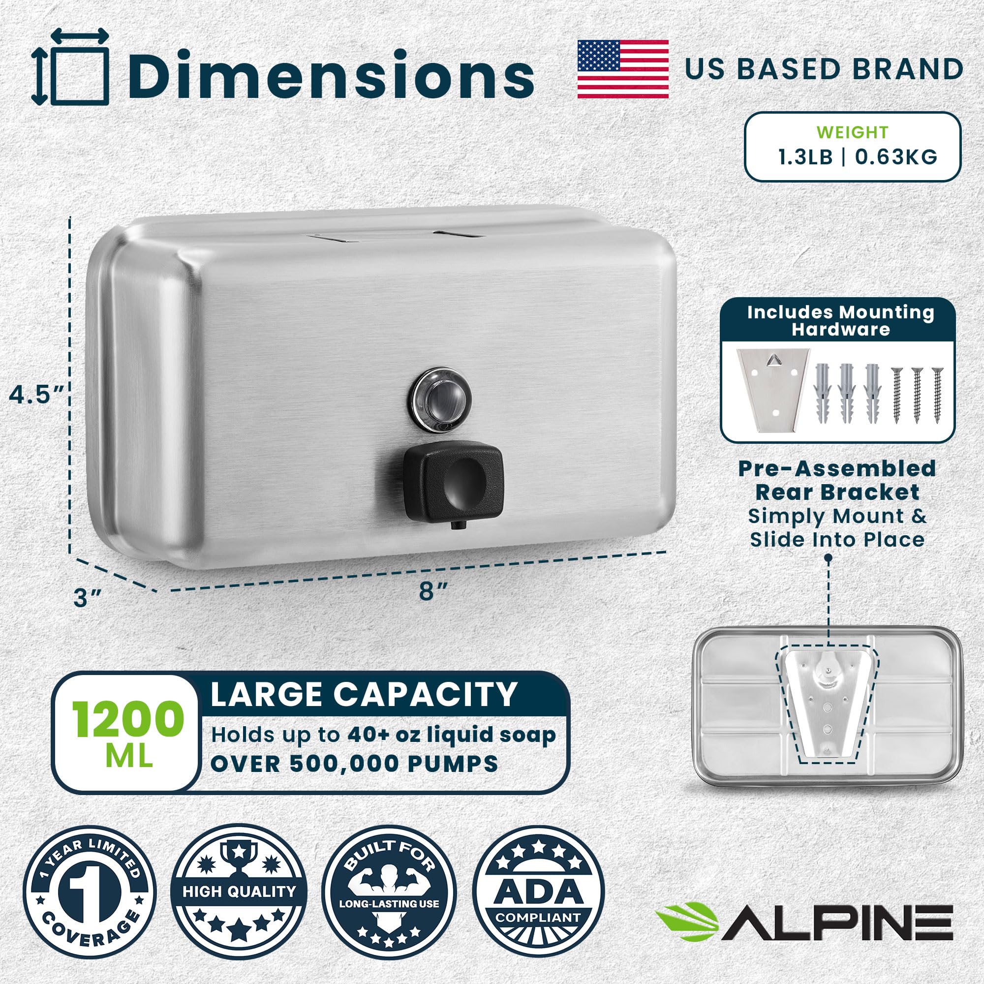 Alpine Dispensador de jabón líquido de acero inoxidable, montaje en superficie, 1,2 l de capacidad