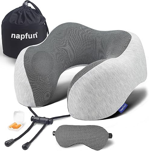 NapFun - Almohada de cuello para viajes, mejorada para viajar por avión 100% espuma viscoelástica para dormir y descansar durante los vuelos,