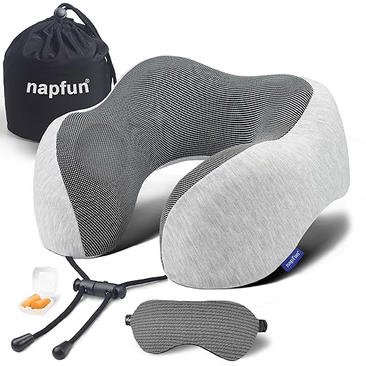 napfun Neck Pillow for Traveling, Upgraded Travel Neck Pillow for Airplane 100% Pure Memory Foam Travel Pillow for Flight Headrest Sleep, Portable Plane Accessories, Light Grey Set