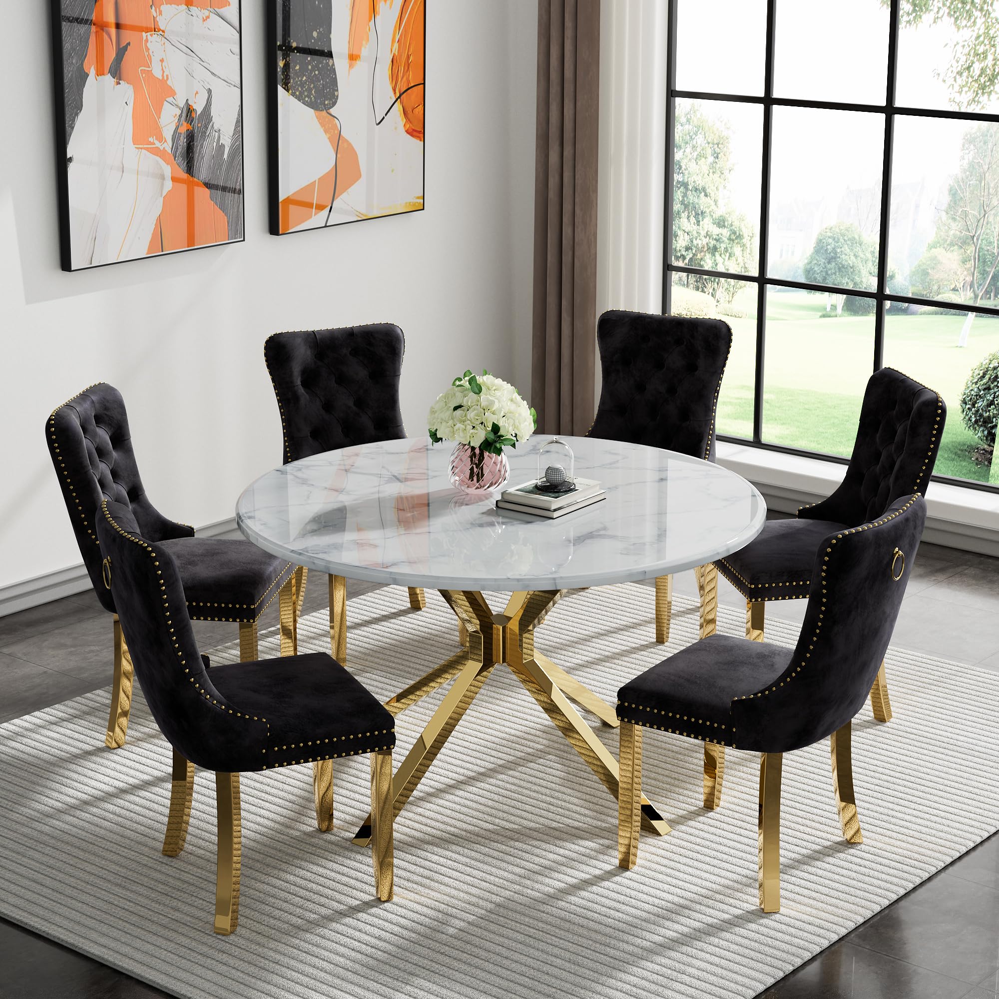 7-Piece Round Dining Table Set for 6, Luxury Faux Marble Kitchen Table Set for 6 with Black Velvet Chairs, 45" Circle Dining Room Tables with White Marble Top and Gold Stainless Steel Cross Legs