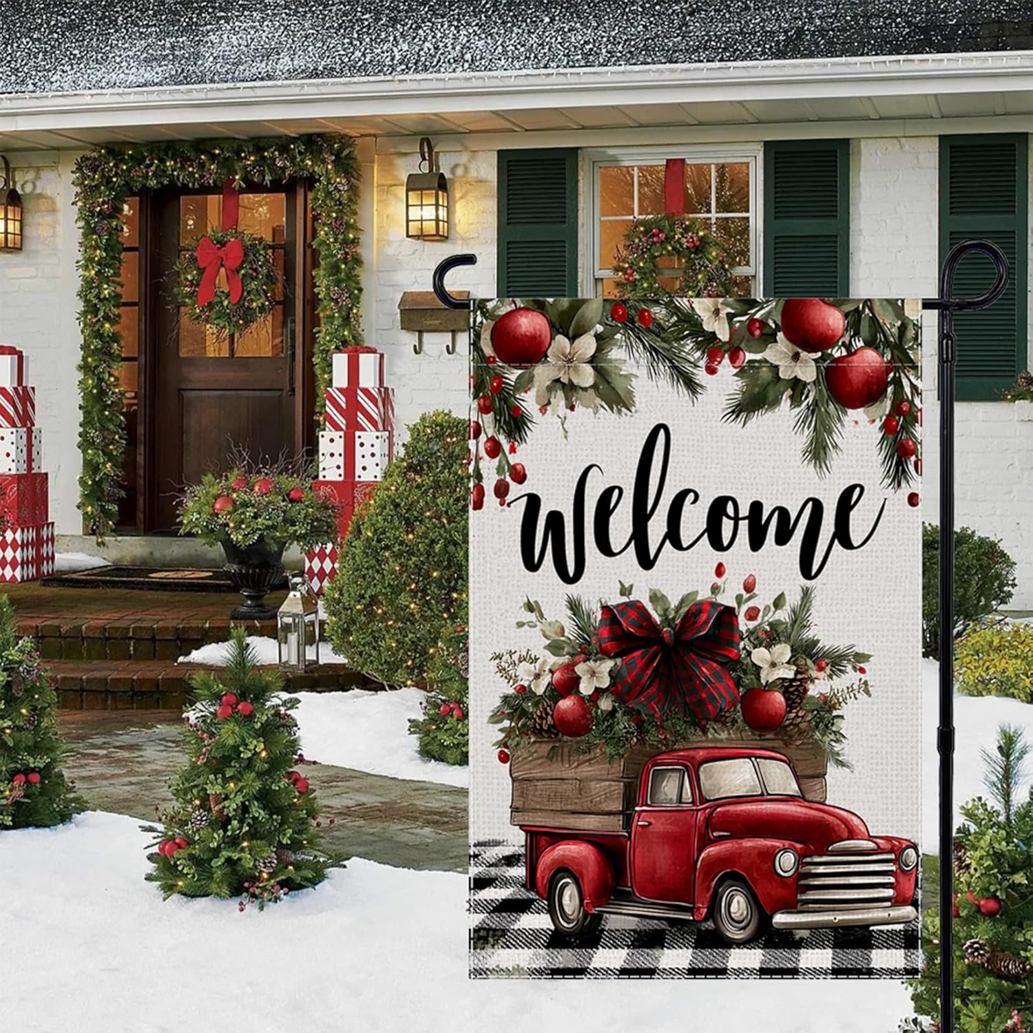 Christmas Garden Flag Truck Welcome Winter Small Flags for Outside, 12x18 Inch Buffalo Plaid Apple Double Sided Burlap Banner Holiday Outdoor Yard Decoration - Image 2