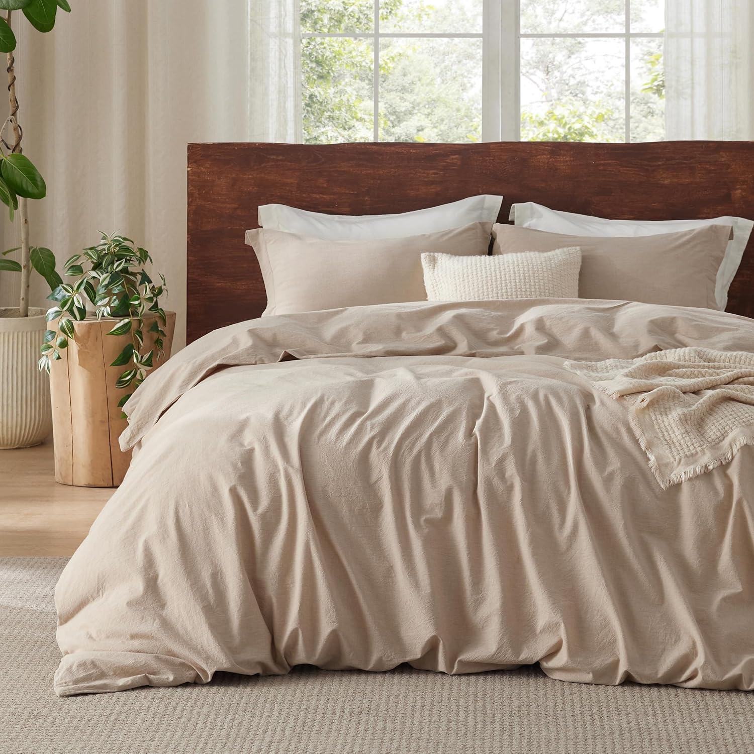 Bedsure 100% Washed Cotton Duvet Cover Cal King - Warm Sand Minimalist Cotton Duvet Cover Linen Like - 3 Pieces Plain Simple Bedding Set with 2 Pillow Shams (Warm Sand, California King, 104"x98") California King (104" x 98") 02 - Warm Sand (No Comforter)