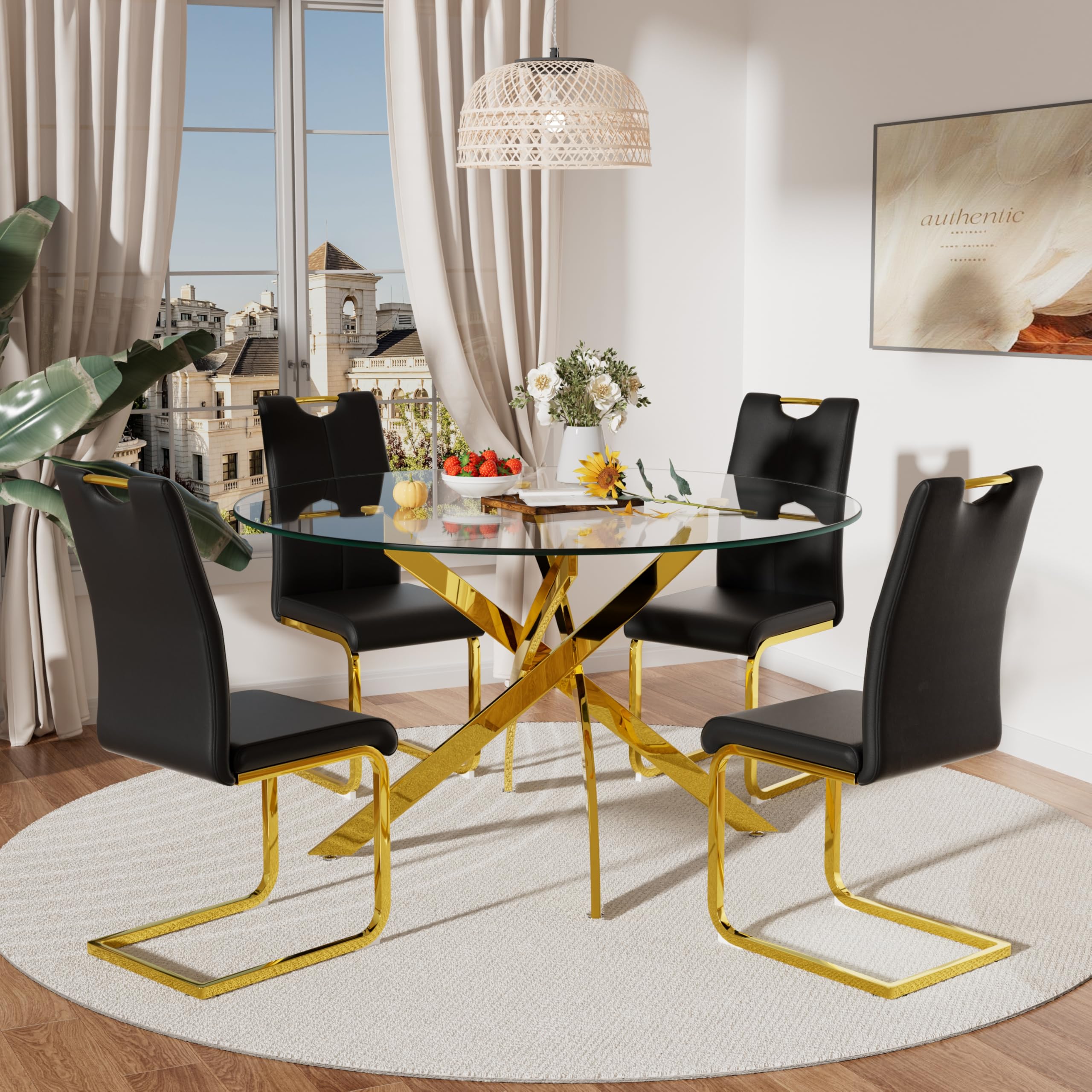 RGZ Golden Round Glass Dining Table Set for 4, 5 Pcs Modern Luxury Circle Kitchen Table Set, 47'' Clear Minimalist Circular Dinner Table with Black PU