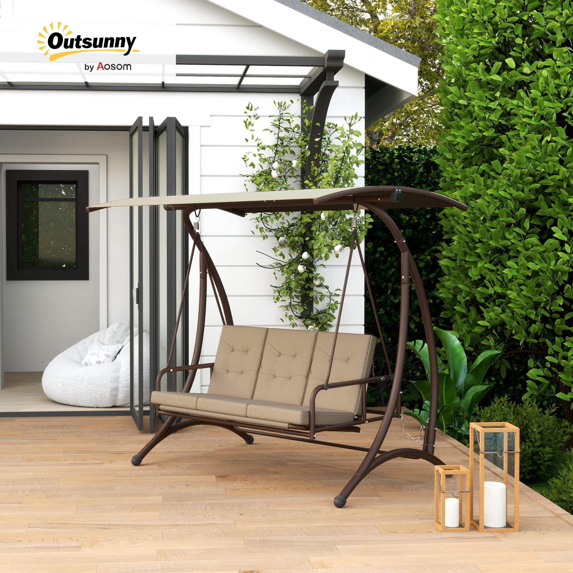 Outsunny Columpio de Jardín Exterior de 3 Plazas Balancín de Jardín Exterior Convertible en Cama con Toldo Ajustable Protección UPF30+ y Cojines Carga 330 kg 200x120x175 cm Caqui