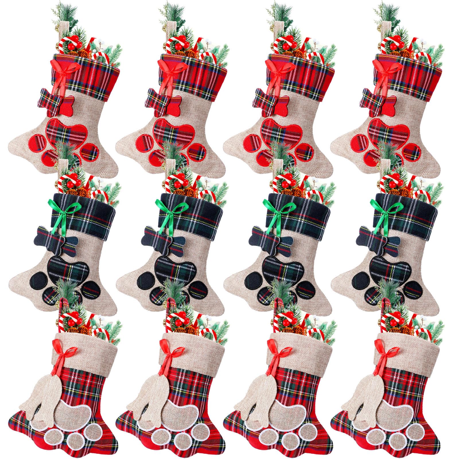 Xaatren 12 Pcs 8 Inch Mini Christmas Stockings Bulk Xmas Dog Paw Buffalo Plaid Hanging Stocking Xmas Stocking Fireplace Decor for Holiday and Christmas Decorations