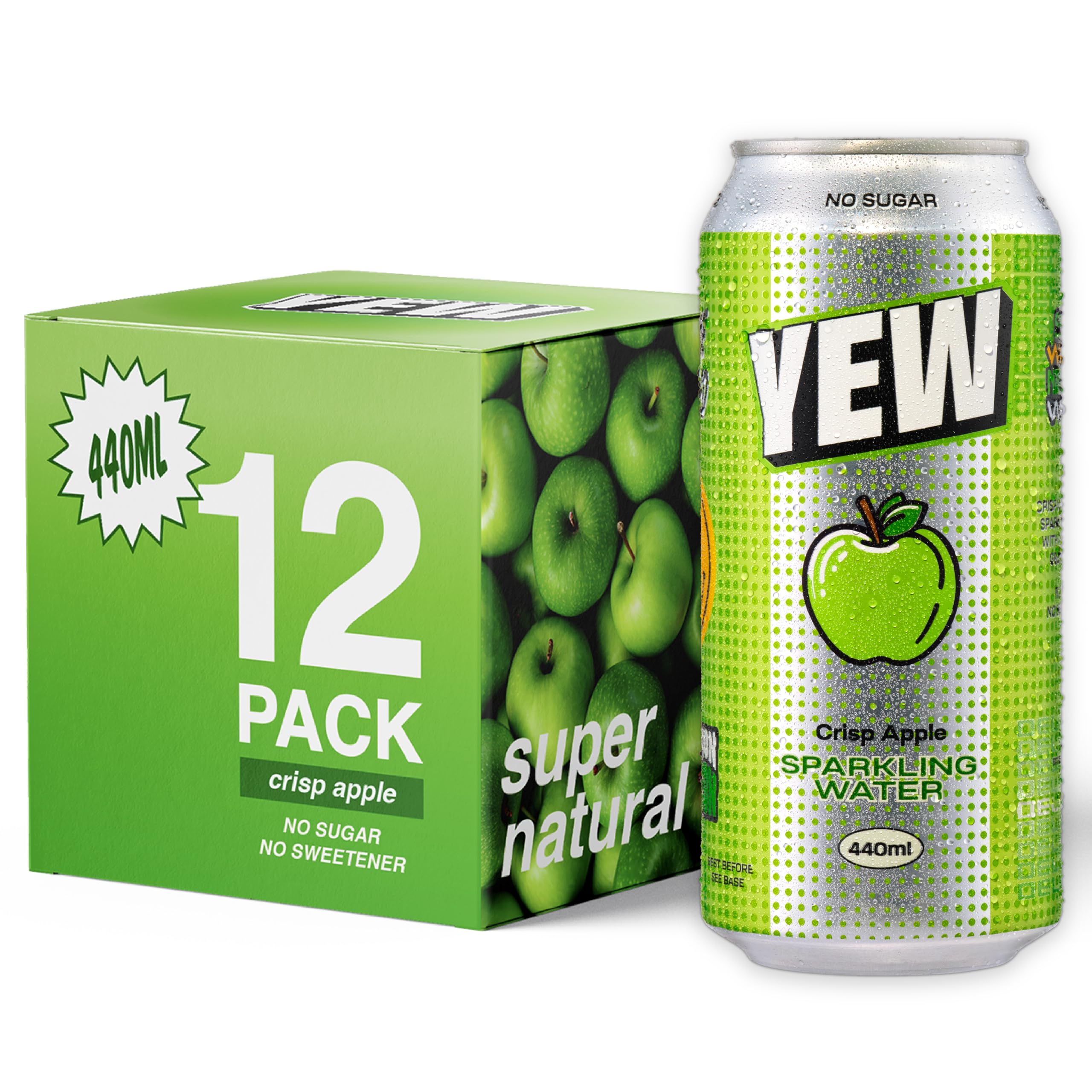 YEW Crisp Apple Sparkling Water - 12 x 440ml Cans - ZERO Sugar, ZERO Sweetener, Naturally Flavoured Sparkling Water, Calorie Free, Gluten Free, Keto Friendly and Vegan Healthy Fizzy Drink