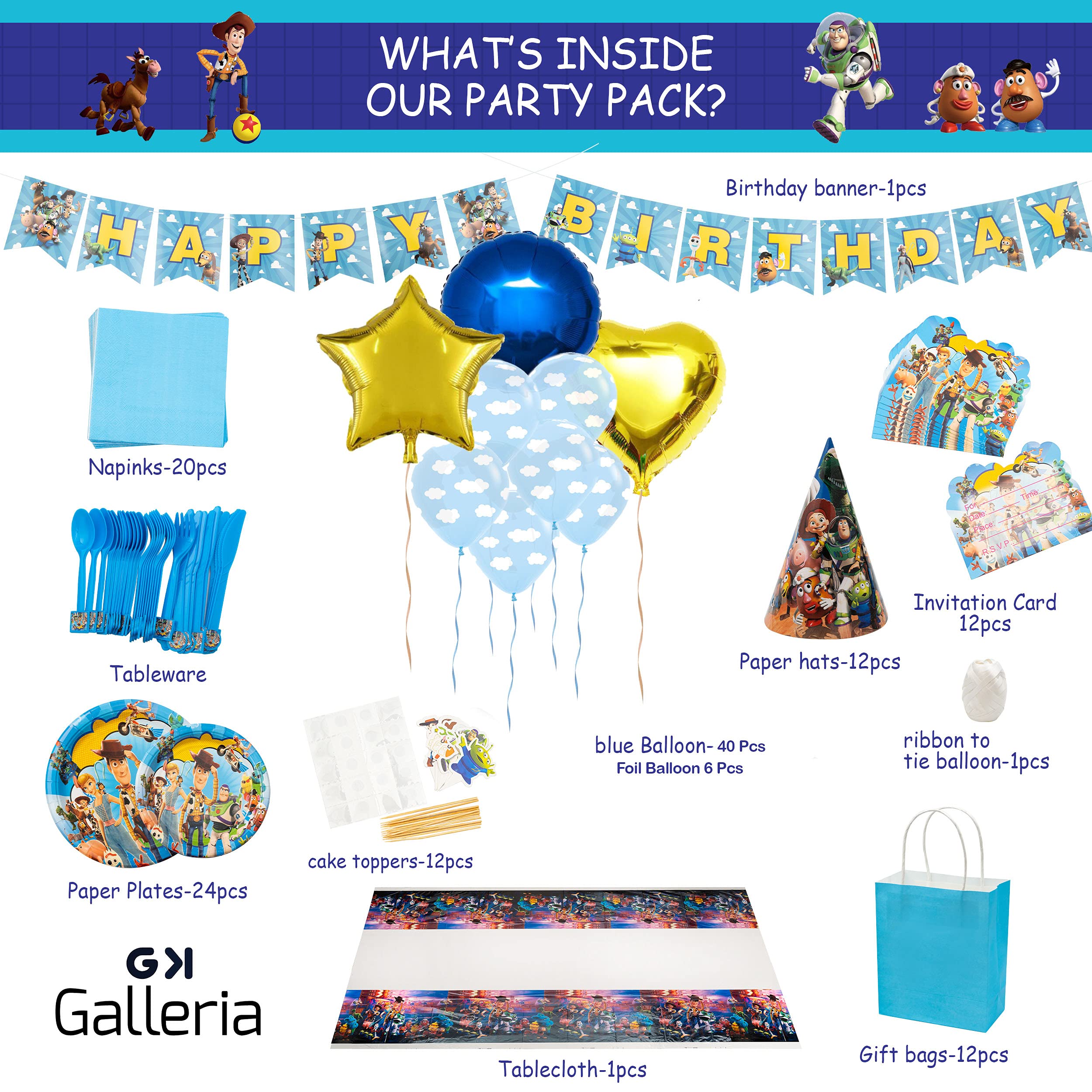 GK Galleria Toy Story Birthday Party Supplies for 12 Guest with 130