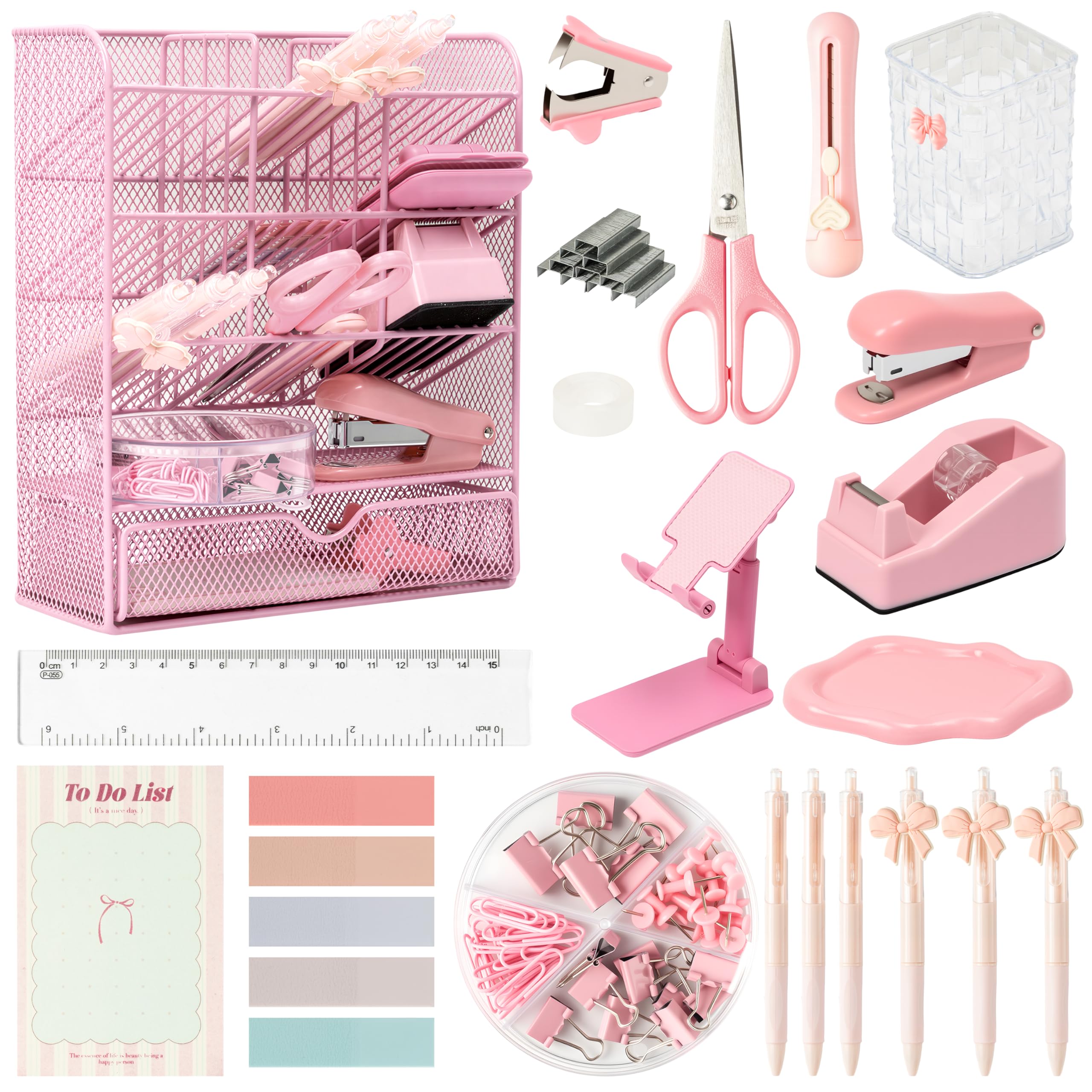WATINC Accessori per organizer da scrivania rosa, 21 pezzi, per ufficio e scuola, con organizer da scrivania in rete, portapenne, dispenser per nastro, righello, clip, supporto per telefono, kit di