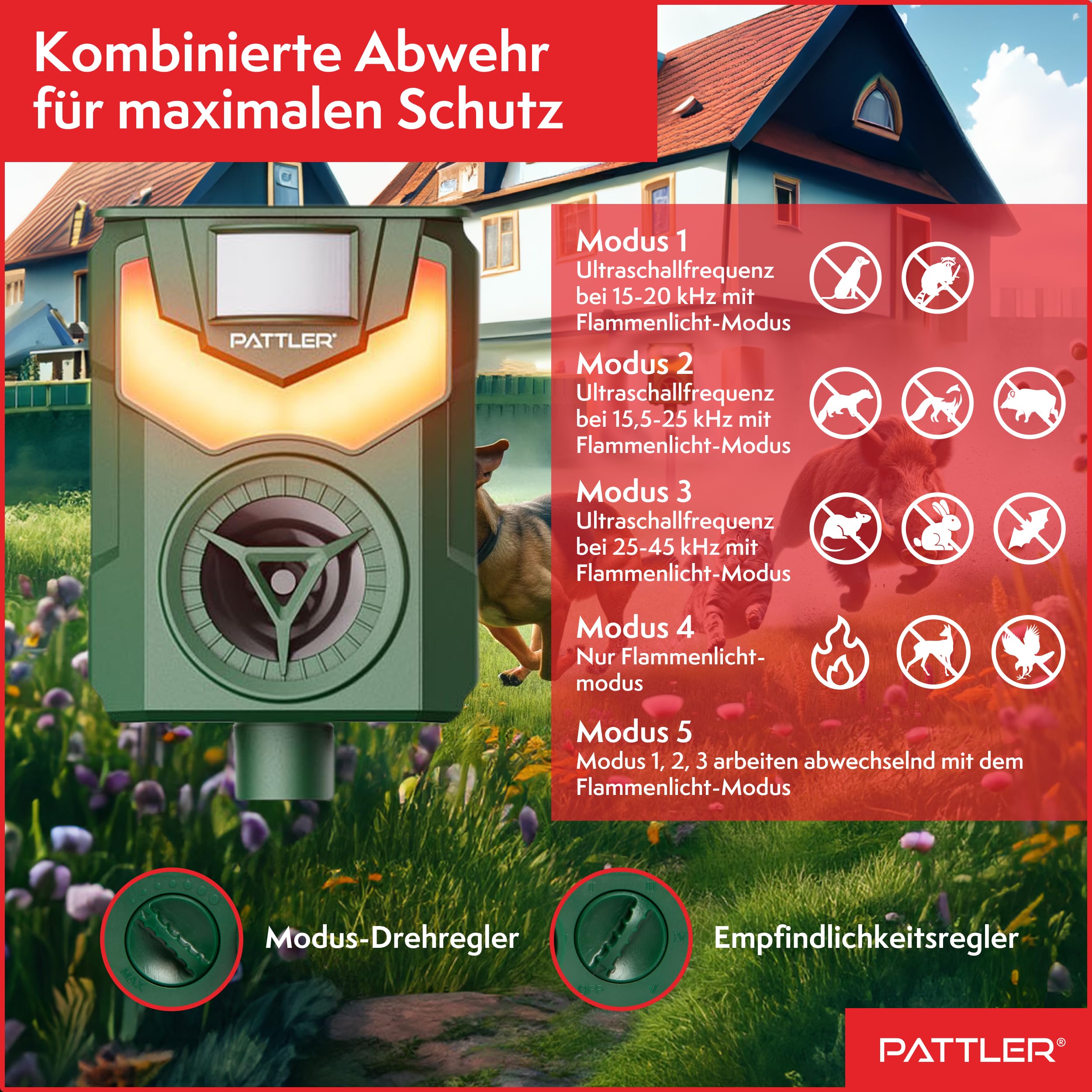 PATTLER® Tiervertreiber Ultraschall Solar 2er Set – Katzenschreck & Marderschreck mit PIR Bewegungssensor 10m – Flammenlicht & LED-Blinklicht – Geräuschfrei Ultraschall Tierabwehr für Garten & Outdoor