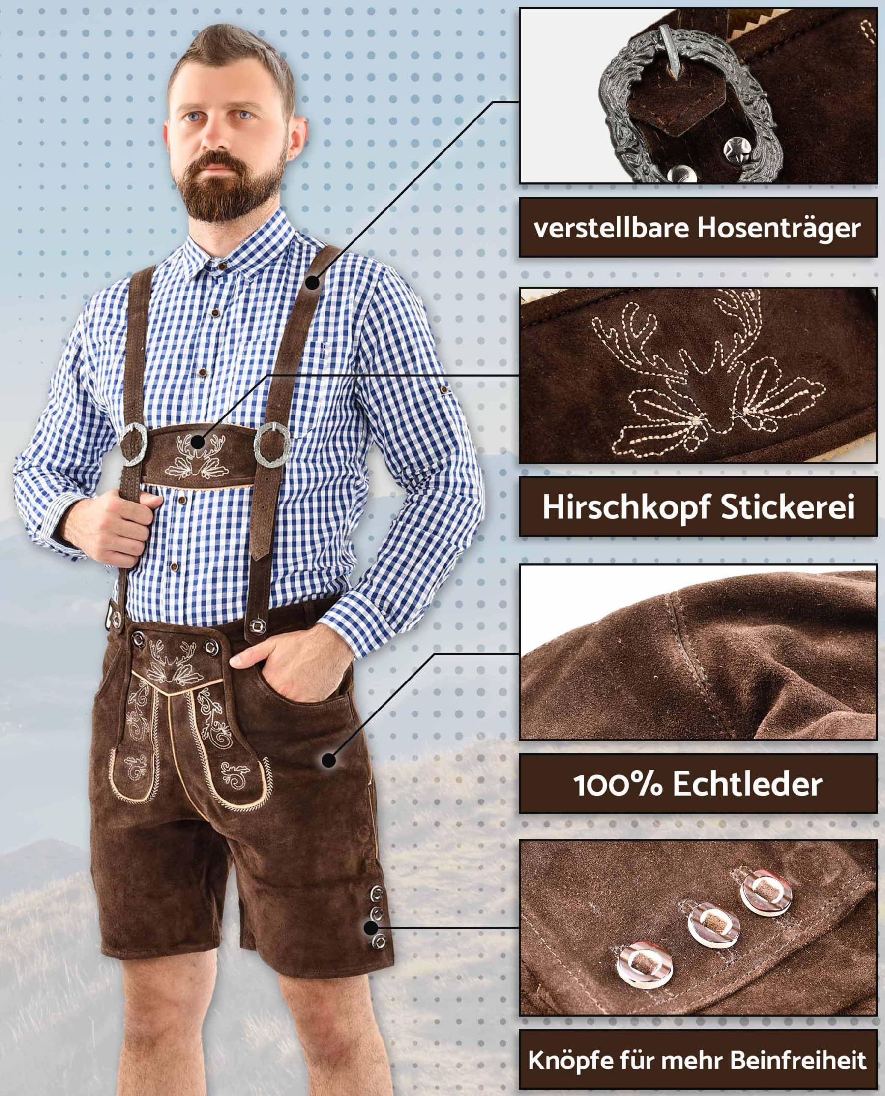 ALESSANDRO SALVARINI Herren Lederhose Tracht (Gr. 46-60) mit Träger - 100% Echtleder, Trachtenlederhose Kurz Oktoberfest Männer - AS-180