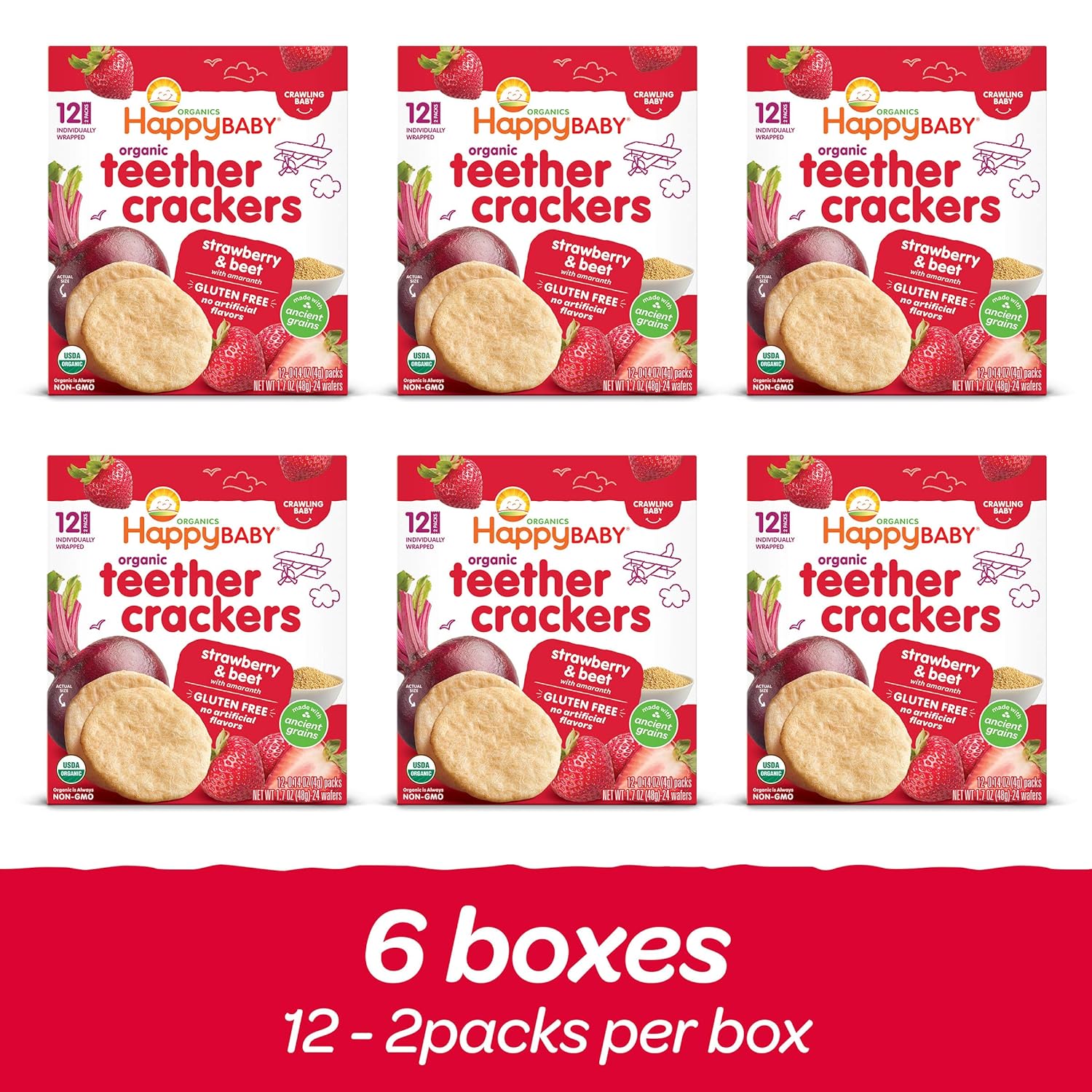 Happy Baby Organics Baby Snacks, Gentle Teething Crackers, Gluten Free & Vegan, Strawberry & Beet, 12 Count (Pack of 6)