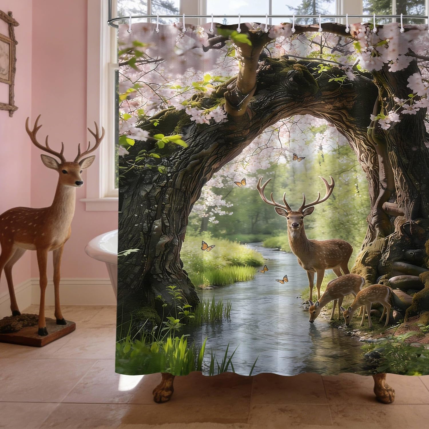 Deer Shower Curtain Cabin Rustic Forest Floral Shower Curtains for Hunting Bathroom Decor Sets, Waterproof Cloth Fabric with Hooks, 72x84 Inch