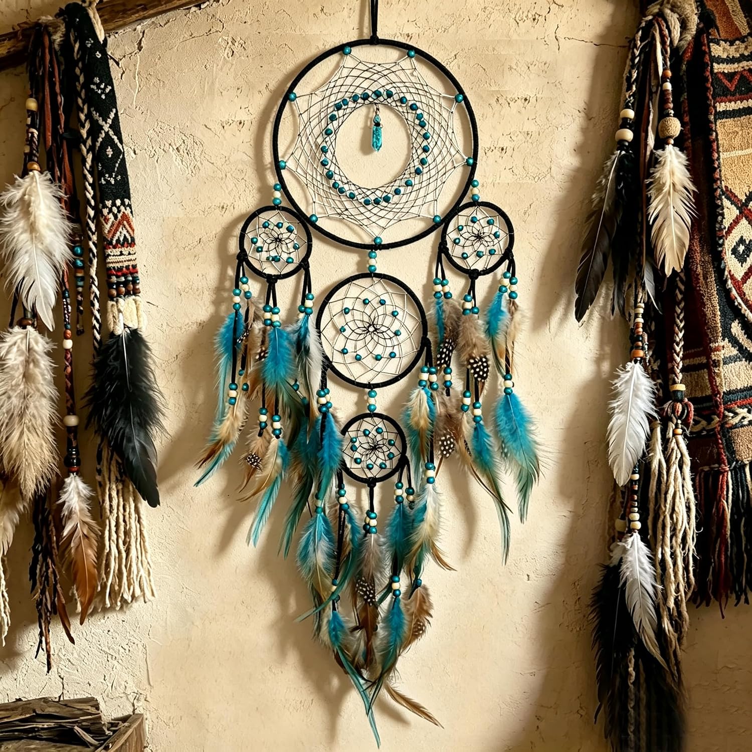 Bohemian 5 Rings Turquoise Dream Catchers with Turquoise Pendant Handmade Native American Style Wall Hanging Decor for Bedroom, Living Room, Boho Home Decor & Gift(Black 5 Rings)