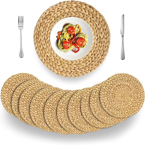 Miniatura 1 de BARIEN - Juego de 10 manteles individuales tejidos redondos de 12 a 13 a 14 pulgadas, tejido de jacinto de agua natural para mesa de comedor,