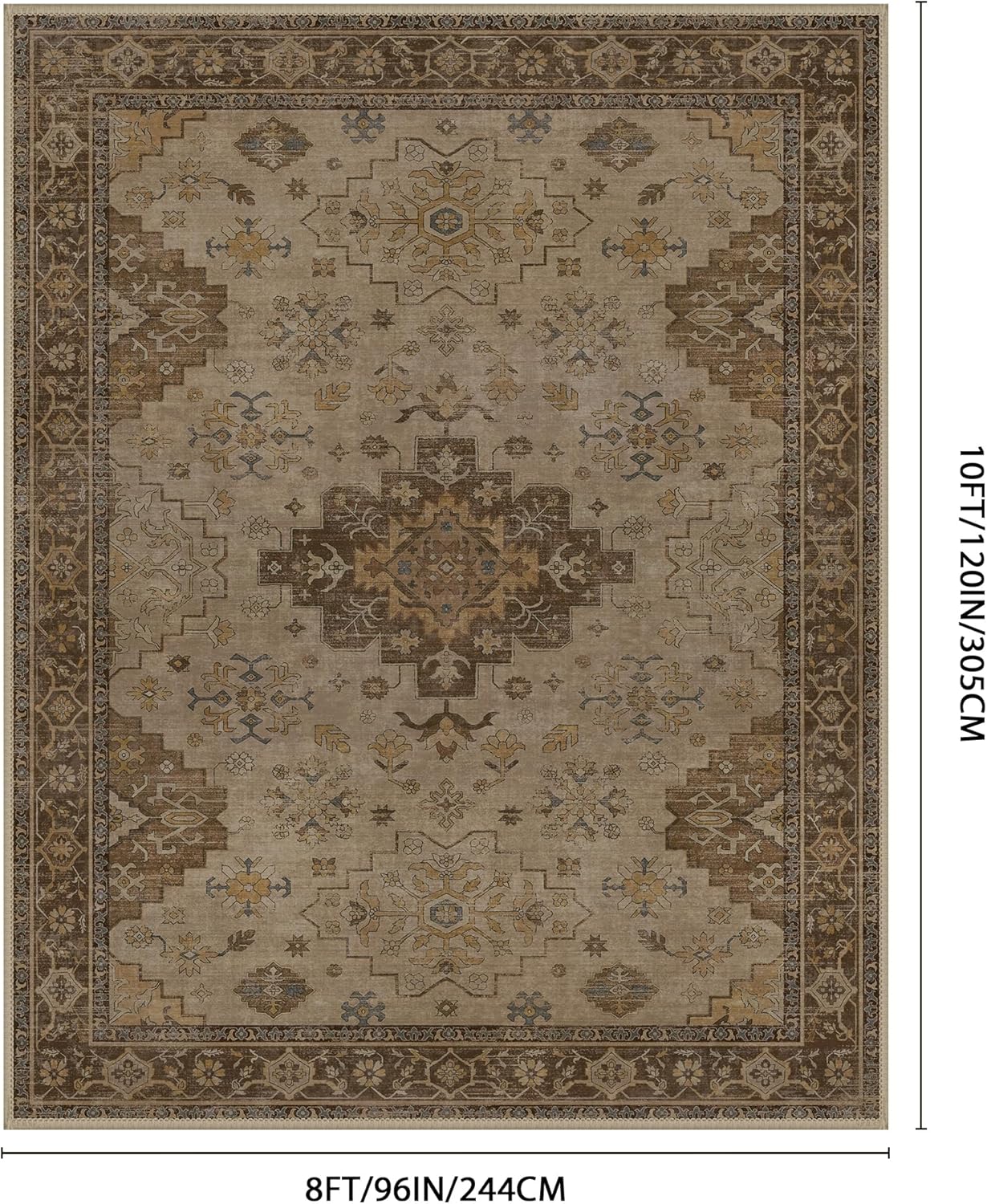 GENIMO 8x10 Runner Rug,Machine Washable Non-Slip Vintage Rugs,Low Pile Lightweight Carpet for Bedroom,Hallway,Entryway,Kitchen,Bathroom,Brown