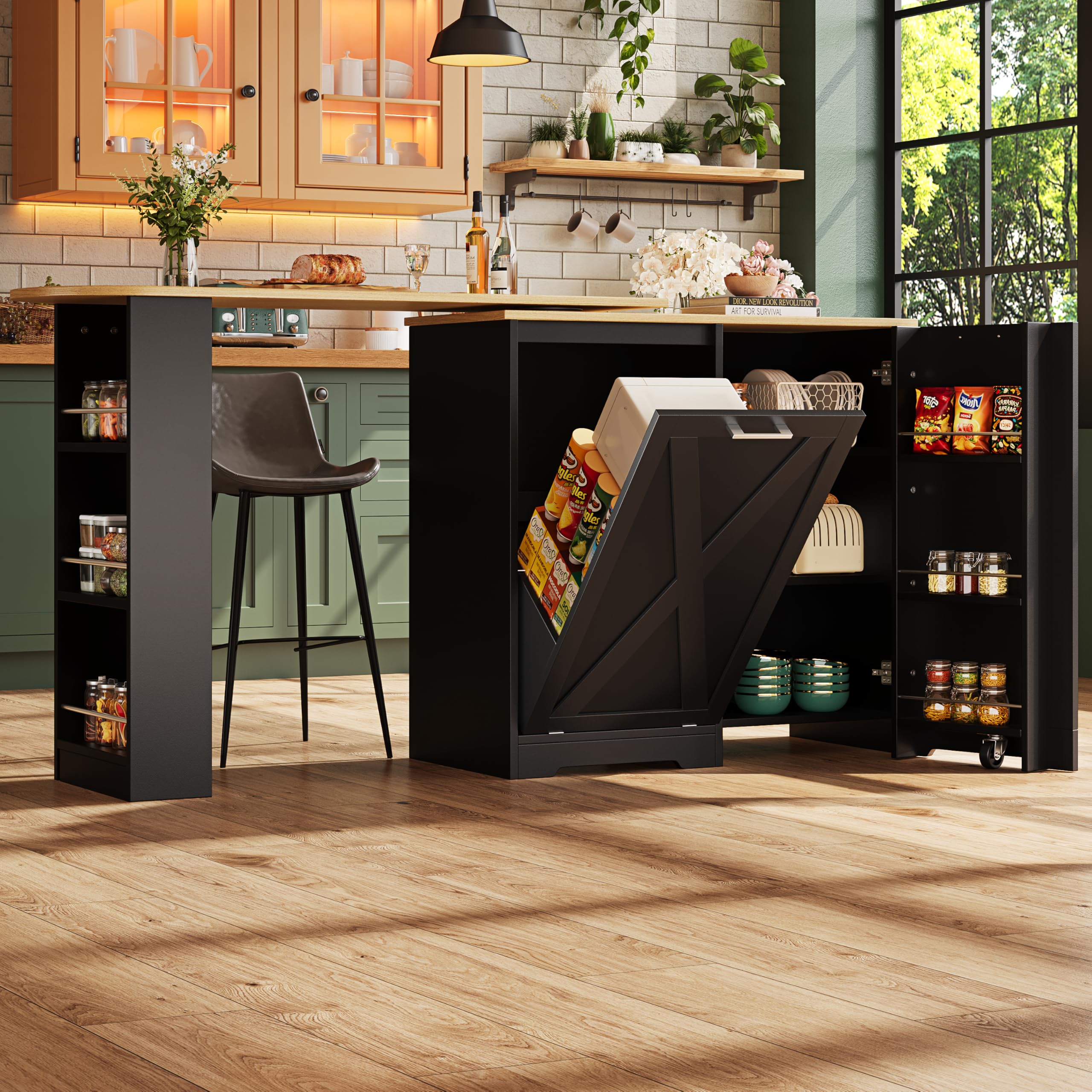 Merax 360° swivelling 3 Tier Dining Bar table, Mobile Kitchen Storage Island with 2 doors Sideboard with Tilt-out Trash-can no included, Extendable Table, Black/138-203x38x105.5cm