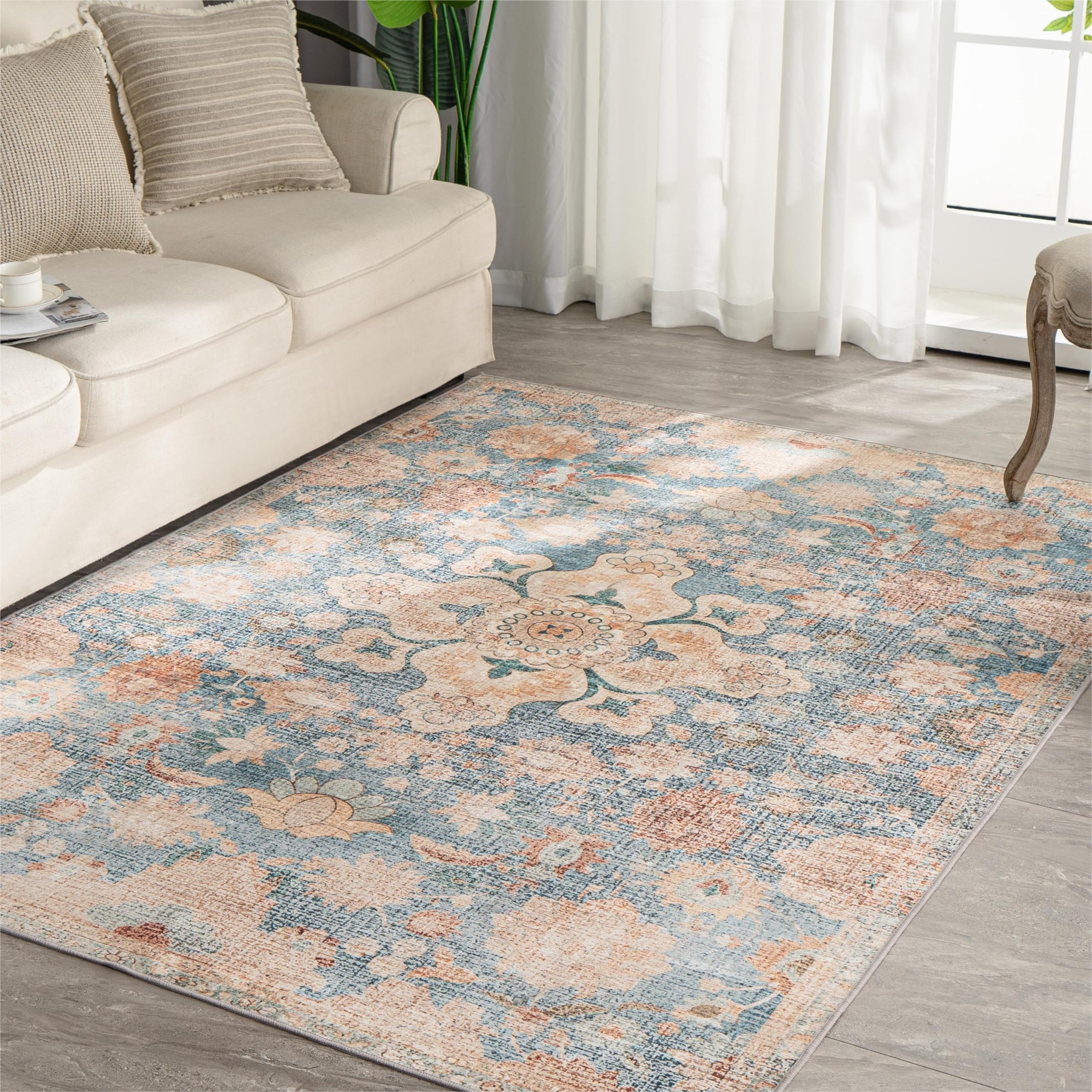 Syalife Washable Rug Vintage Area Rugs, 8'x 10' Living Room Rug with Non Slip Backing, Ultra-Thin Medallion Distressed Non-Shedding Boho Rug, Vintage Floor Mat Indoor Rug (FG05-Blue, 8'x 10')