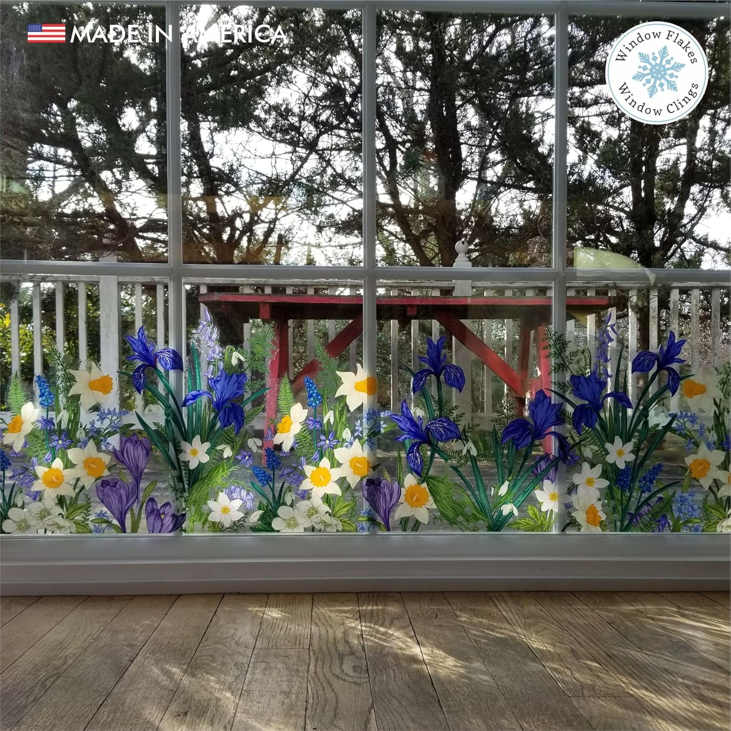 Botanical Spring Flower Window Cling Border - Double Sided Static Cling Decal for Glass - Anti-Collision Bird Strike Prevention - Reusable Decor - 46 x 11 inches - Made in USA