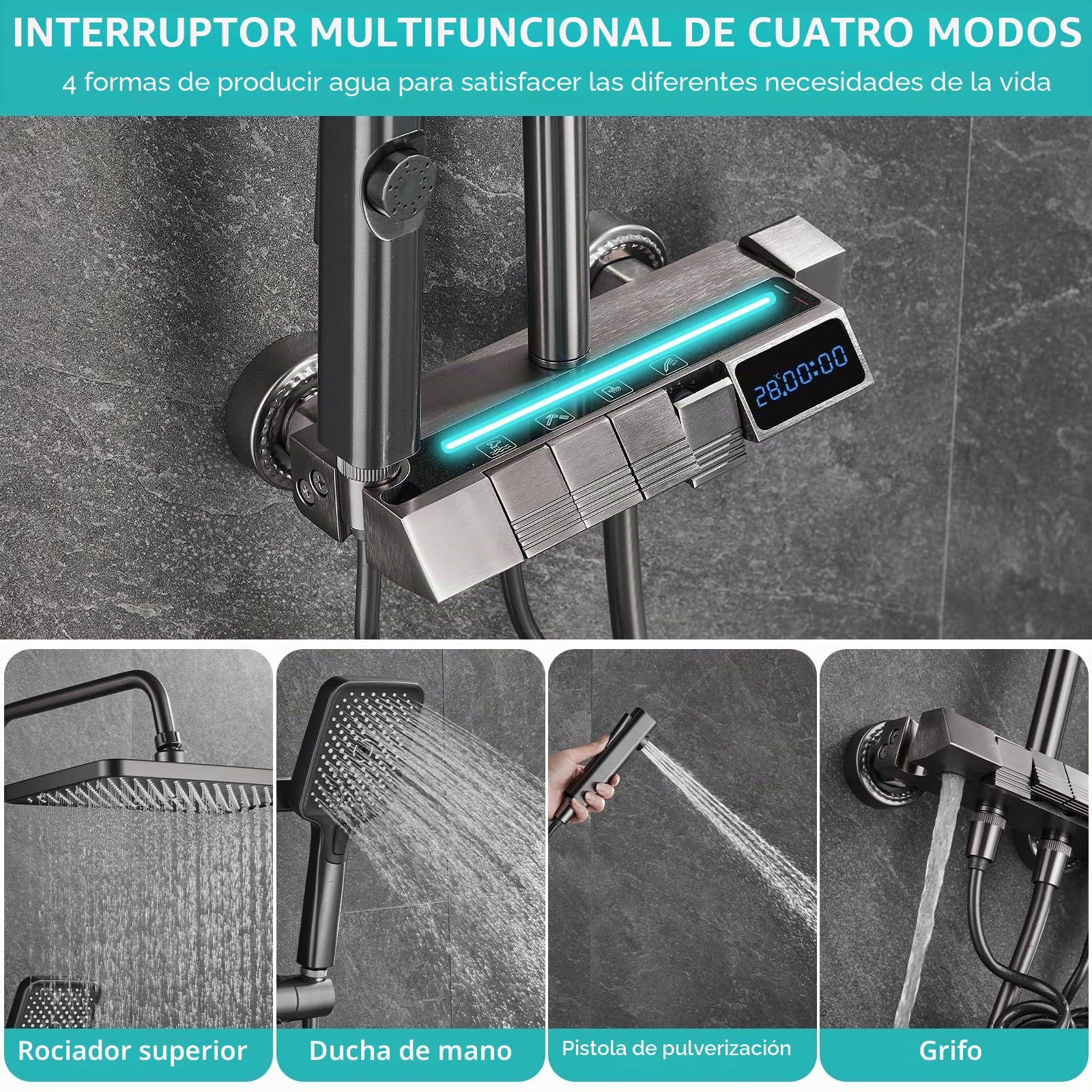 Columna de Ducha con Rociador superior/Ducha de mano ABS, 4 Modos Indicación de La Temperatura del Agua, Columna Ducha Columna de Baño Multifuncional Altura Ajustable 85-105cm, Negro