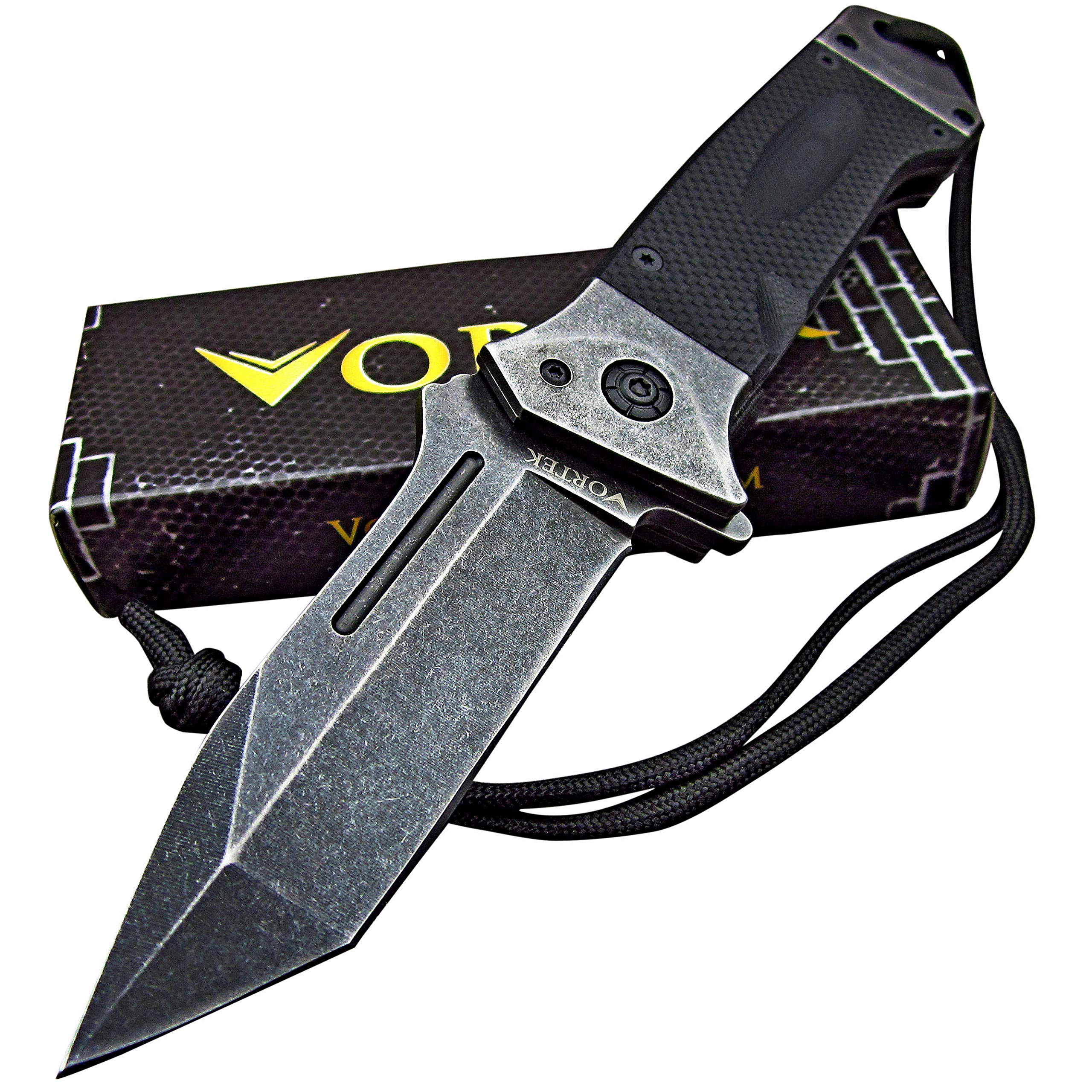 VORTEK Ball Bearing Pivot System Heavy Duty EDC Folding Pocket Knife: 8Cr13MoV Razor Sharp Blade - LMF Style Pommel with Lanyard - Smooth Fast One Hand Opening