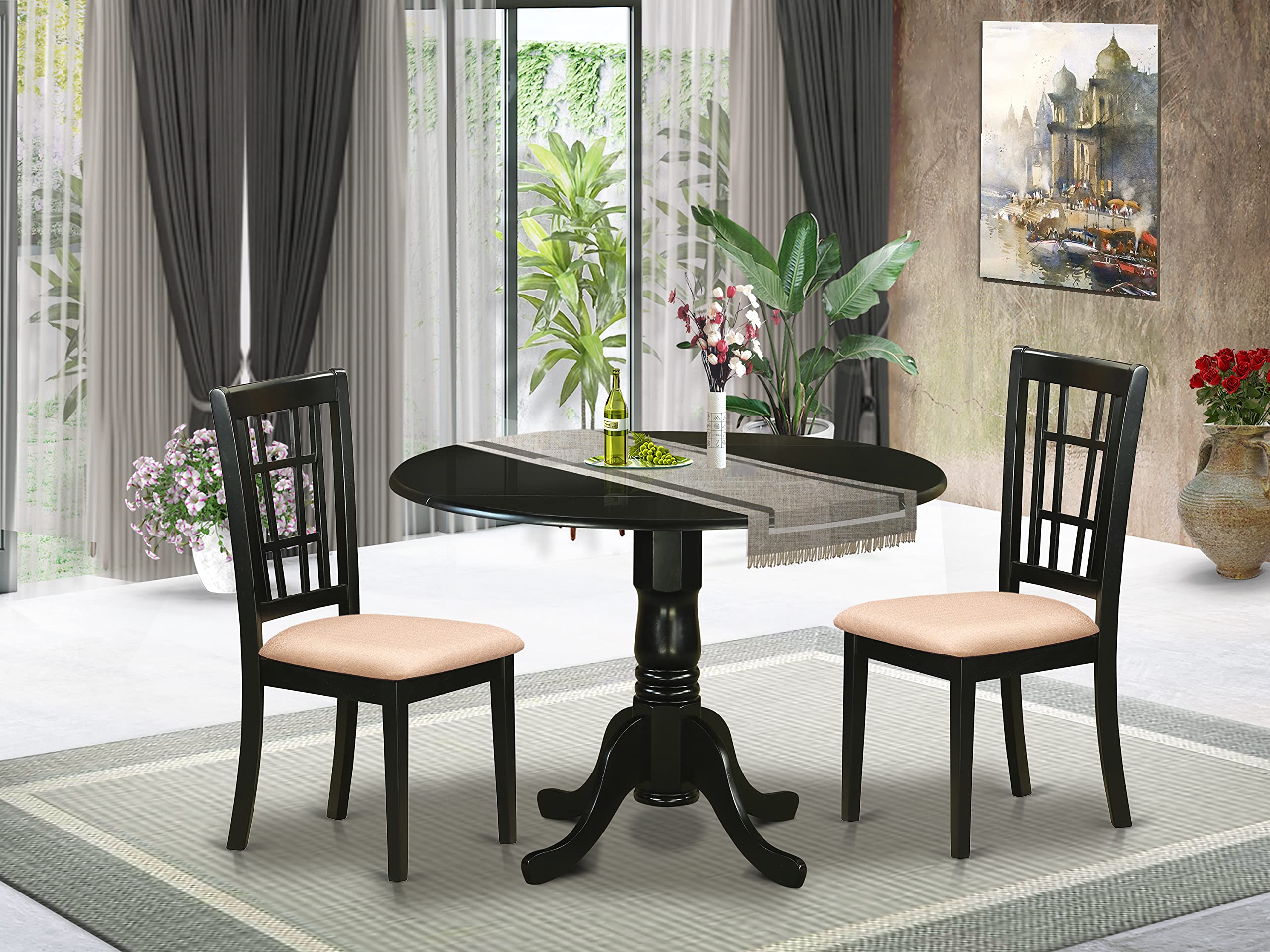East West FurnitureDLNI3-BLK-C Kitchen Set 3 Pc - Linen Fabric Dining Chairs Seat – Black Finish Dining Room Table and Frame