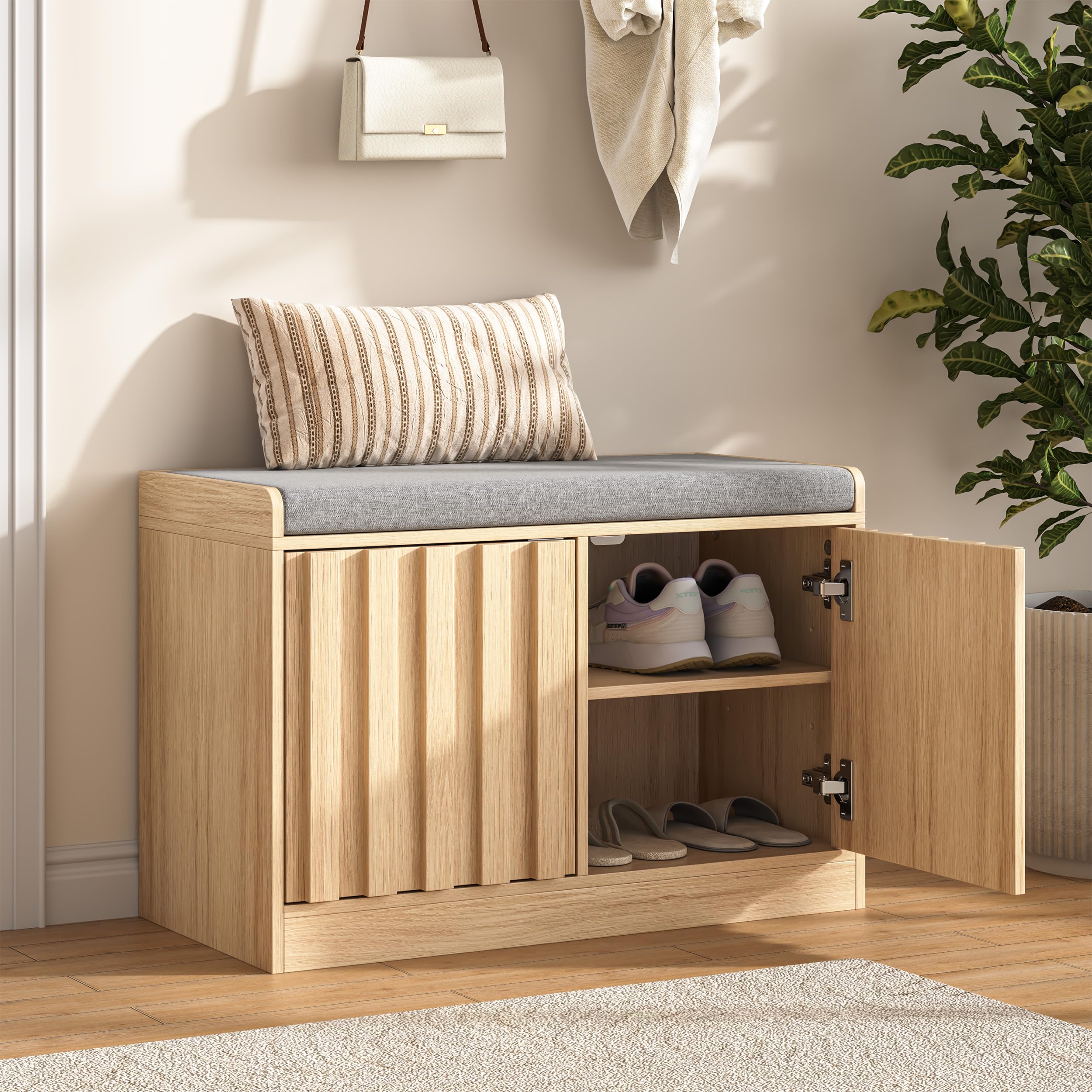UEV Shoe Storage Bench with Cushion Seat, Wooden Slat Shoe Cabinet with Doors & Shelves, Entryway Hallway Storage Bench, Ideal for Flats & Slippers, Natural Wood, 66W x 32D x 44H cm