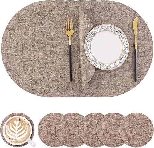 Miniatura 37 de Homaxy - Juego de 6 manteles individuales redondos de piel sintética y posavasos, lavables, de doble cara, manteles individuales de mesa, manteles