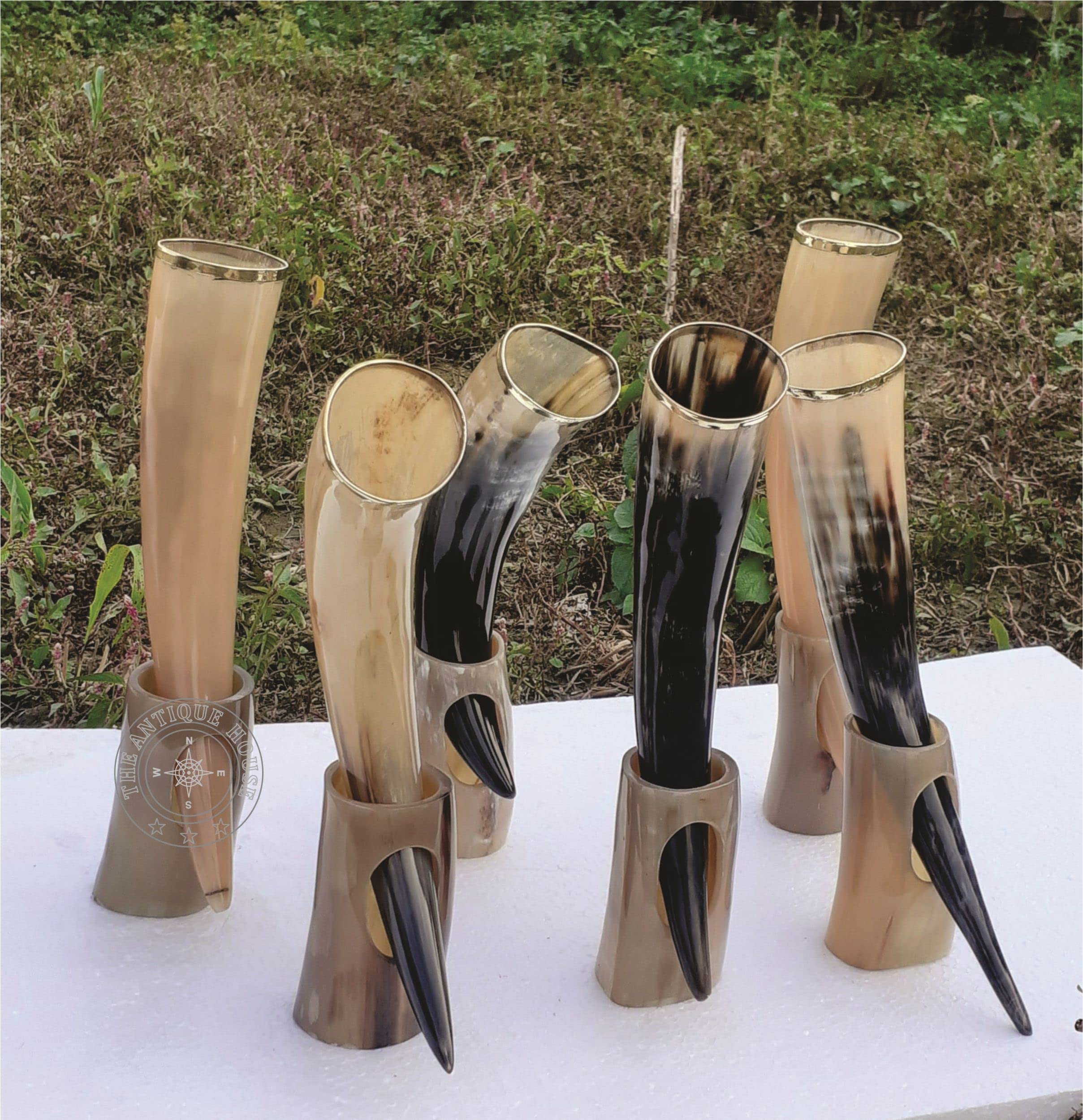 THE ANTIQUE HOUSE Lot de 6 tasses en corne de bœuf avec support style viking - Cadeau de Noël