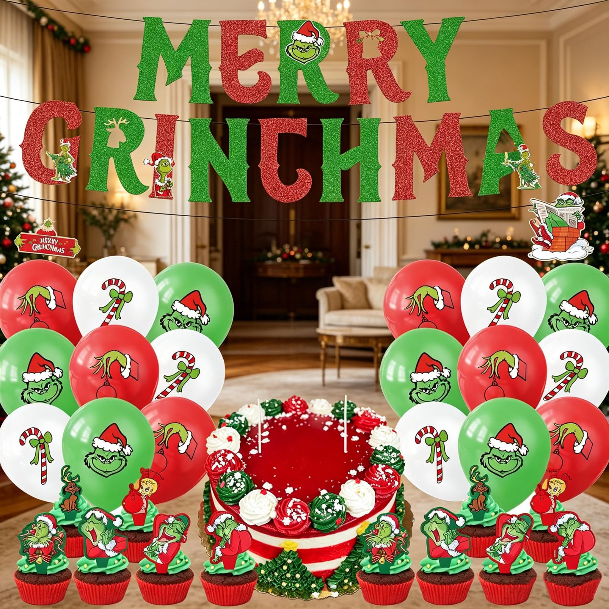 Set di 33 palloncini natalizi decorativi, decorazioni per feste a tema natalizio, palloncini rossi verdi Grinch, striscioni natalizi, kit di posizionamento biglietti