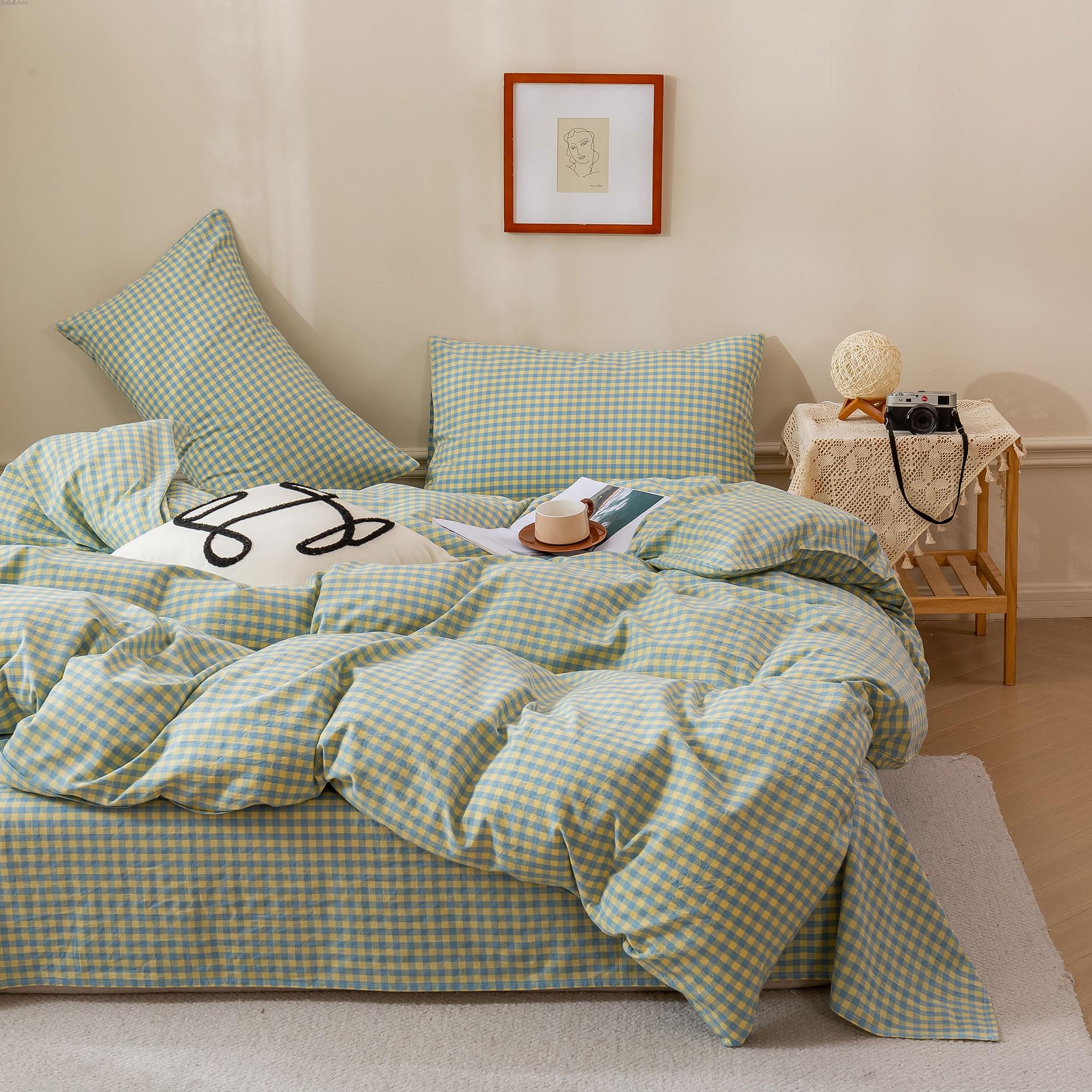 EAVD Mini Blue Yellow Plaid Duvet Cover King Soft Cotton Reversible Grid Plaid Bedding Set with 2 Pillowcases Modern Style Geometric Grid Plaid Pattern Duvet Cover with Zipper Closure