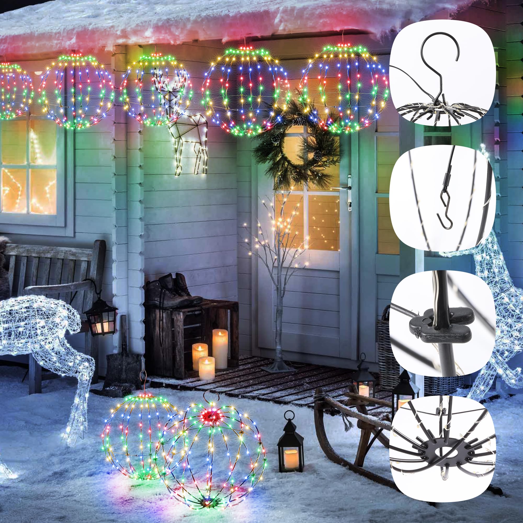 Set mit 2 hängenden Kugel-Lichtern für den Außenbereich – 2 Größen von weihnachtlichen batteriebetriebenen Gartenlaternen, wasserdichte Kugel-Lichterkette mit 8 Beleuchtungsmodi