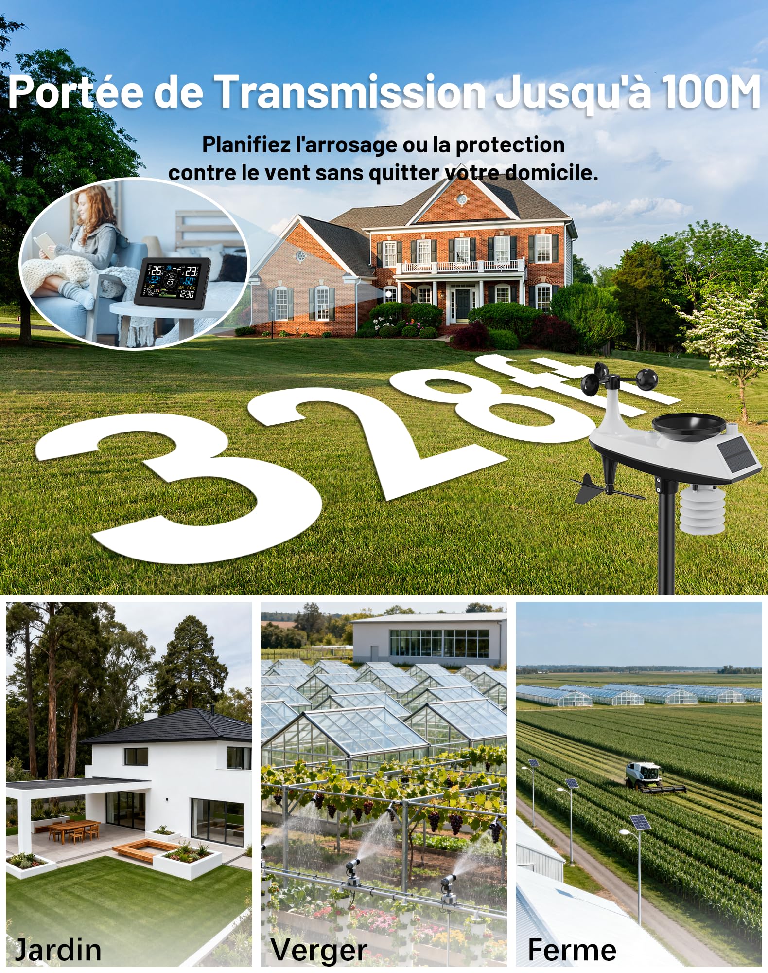 Station Météo Connectée WIFI, 11 en 1 Professionnelle Station Meteo Sans Fil avec Capteur Extérieur, Anémomètre, Pluviomètre, Girouette, Thermomètre, Hygromètre, Prévisions Météorologiques, Indice UV