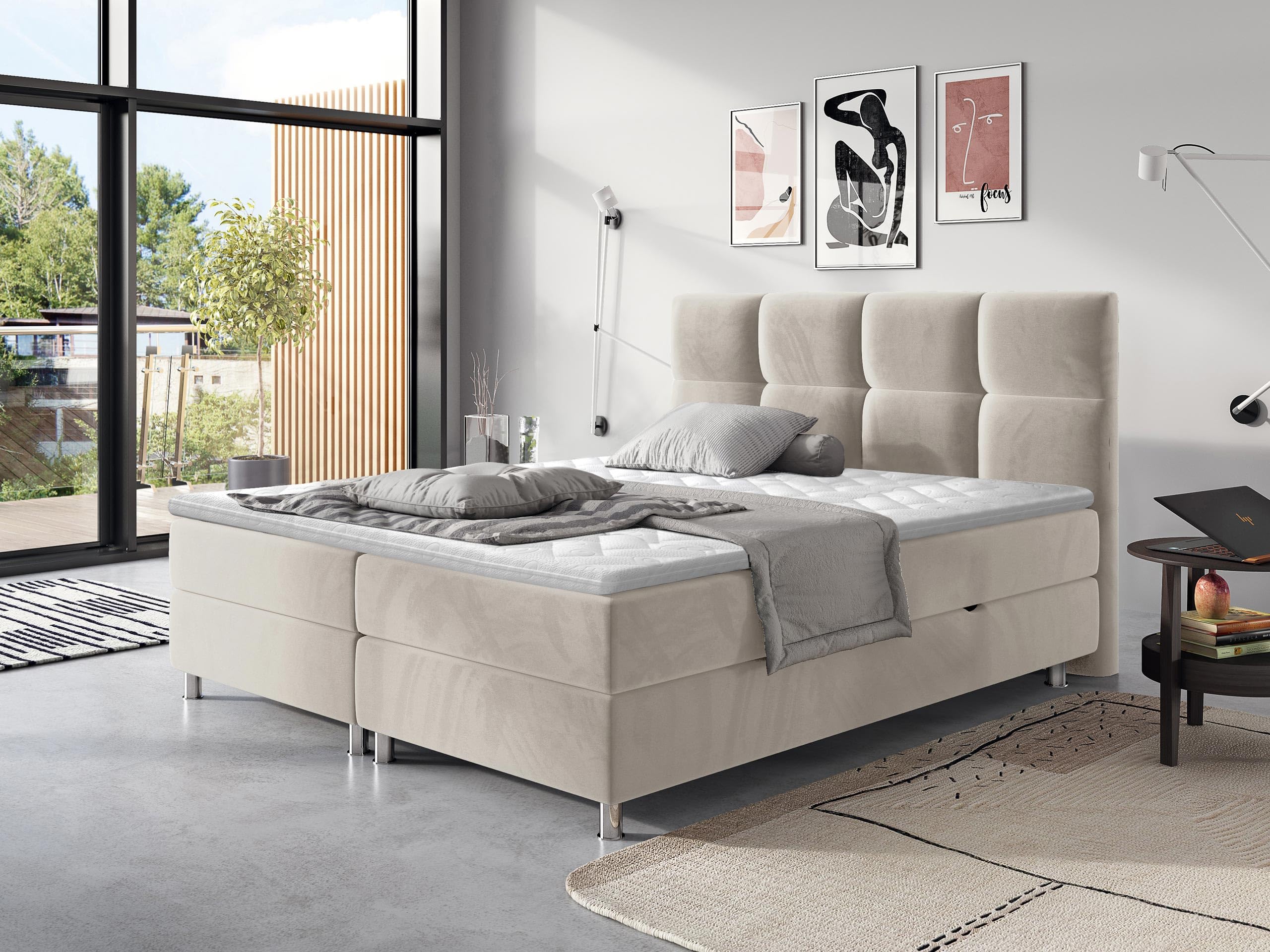 Mirjan24 Boxspringbett Evan mit Zwei Bettkästen, Bonellfederkernmatratzen + Schaumstoff und Topper, Kopfteil gesteppt und gepolstert, Continentalbett, Polsterbett, Ehebett (Fresh 01, 160 x 200 cm)
