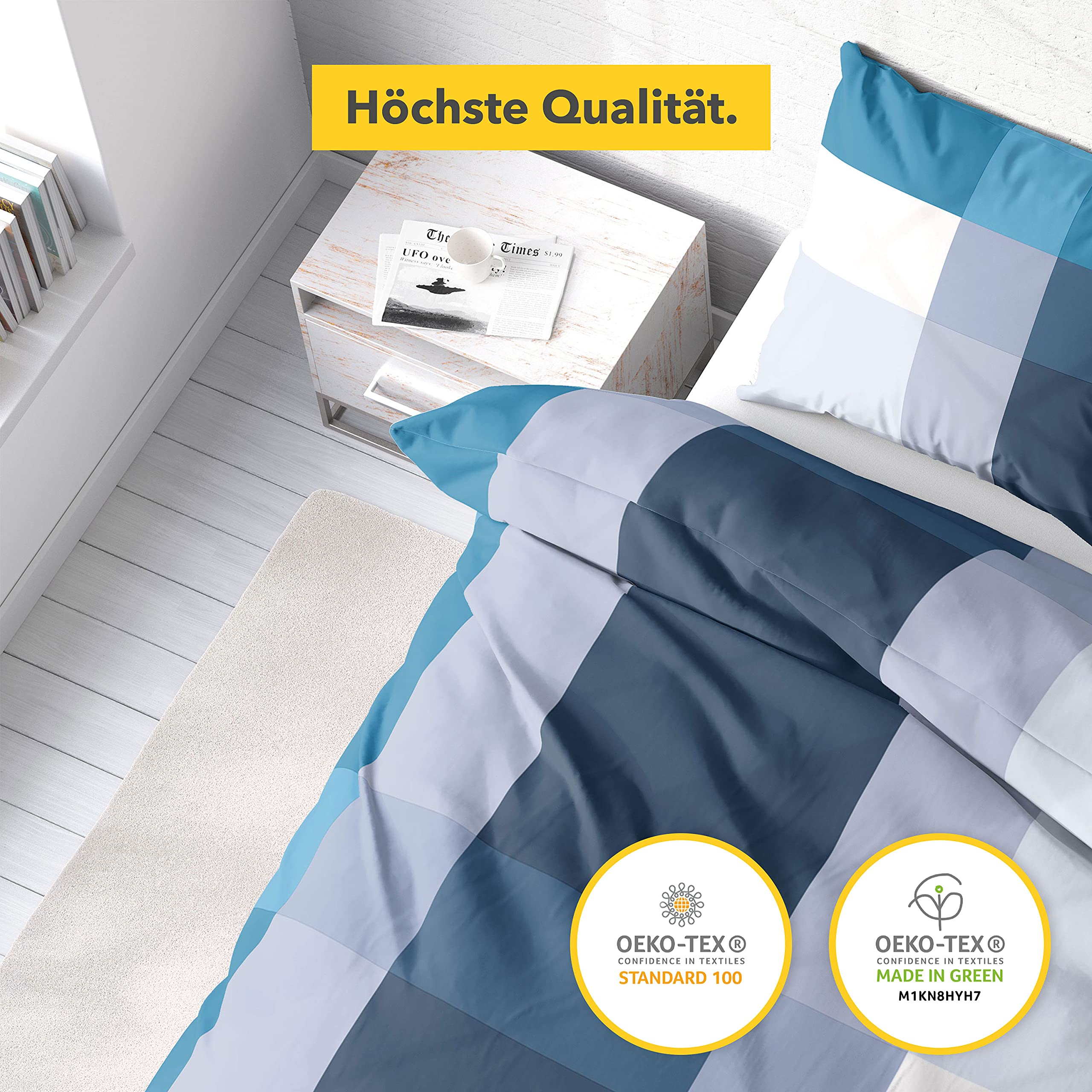 Bettwäsche aus 100% Baumwolle 2tlg. 155x220 + 80x80 cm Karo blau weiß | Renforcé Bettwäsche mit Reißverschluss, leicht, atmungsaktiv, bügelfrei, ideal für Frühling, Sommer, Made in EU, OEKO-Tex