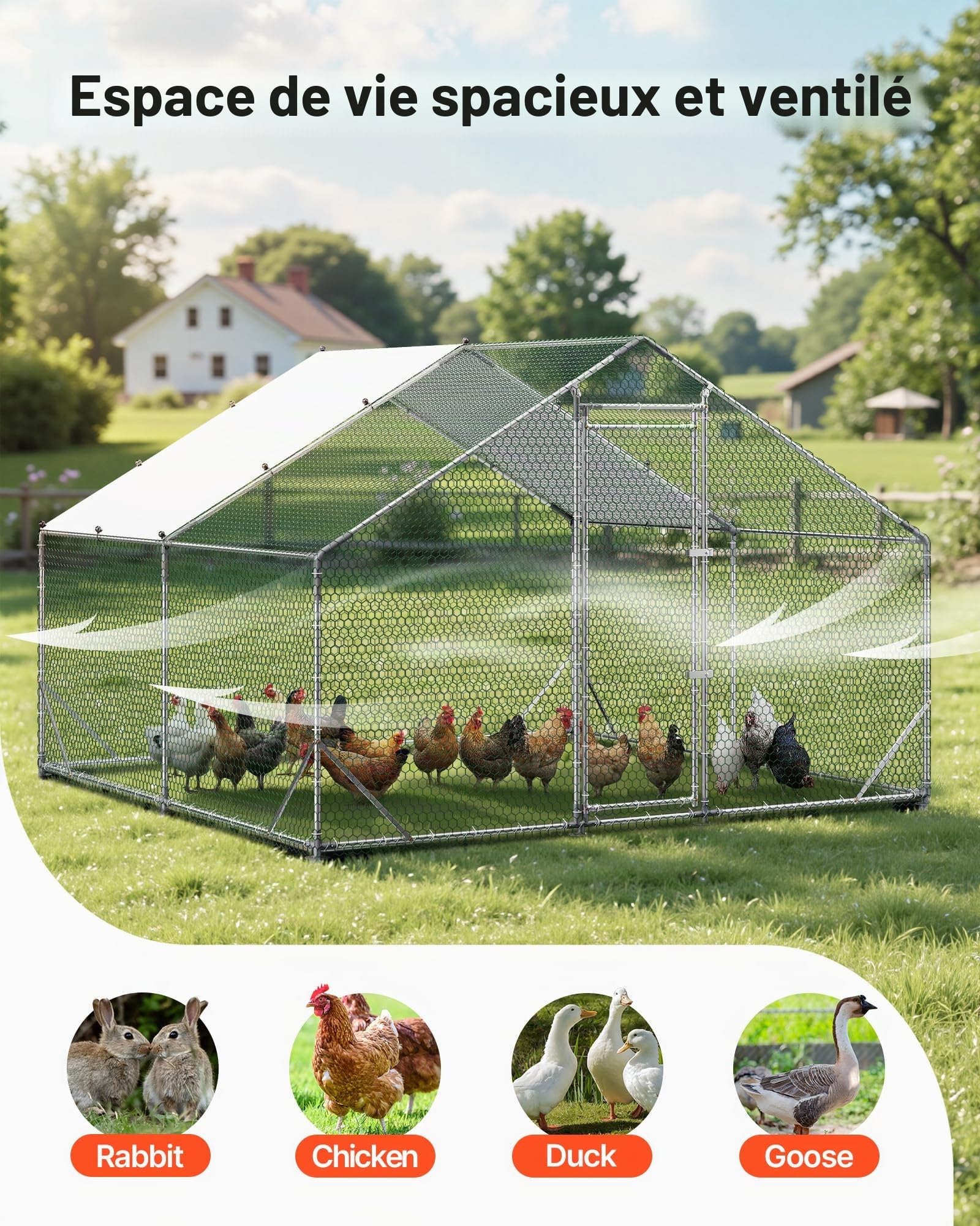 VEVOR Enclos Poulailler en Métal 3 x 3 x 2 m Parc à Poules Grillagé avec Couverture, Structure Robuste, Toit en Pente, Grande Cage Extérieur pour Poules, Canards, Lapins, Volailles, de Jardin, Ferme