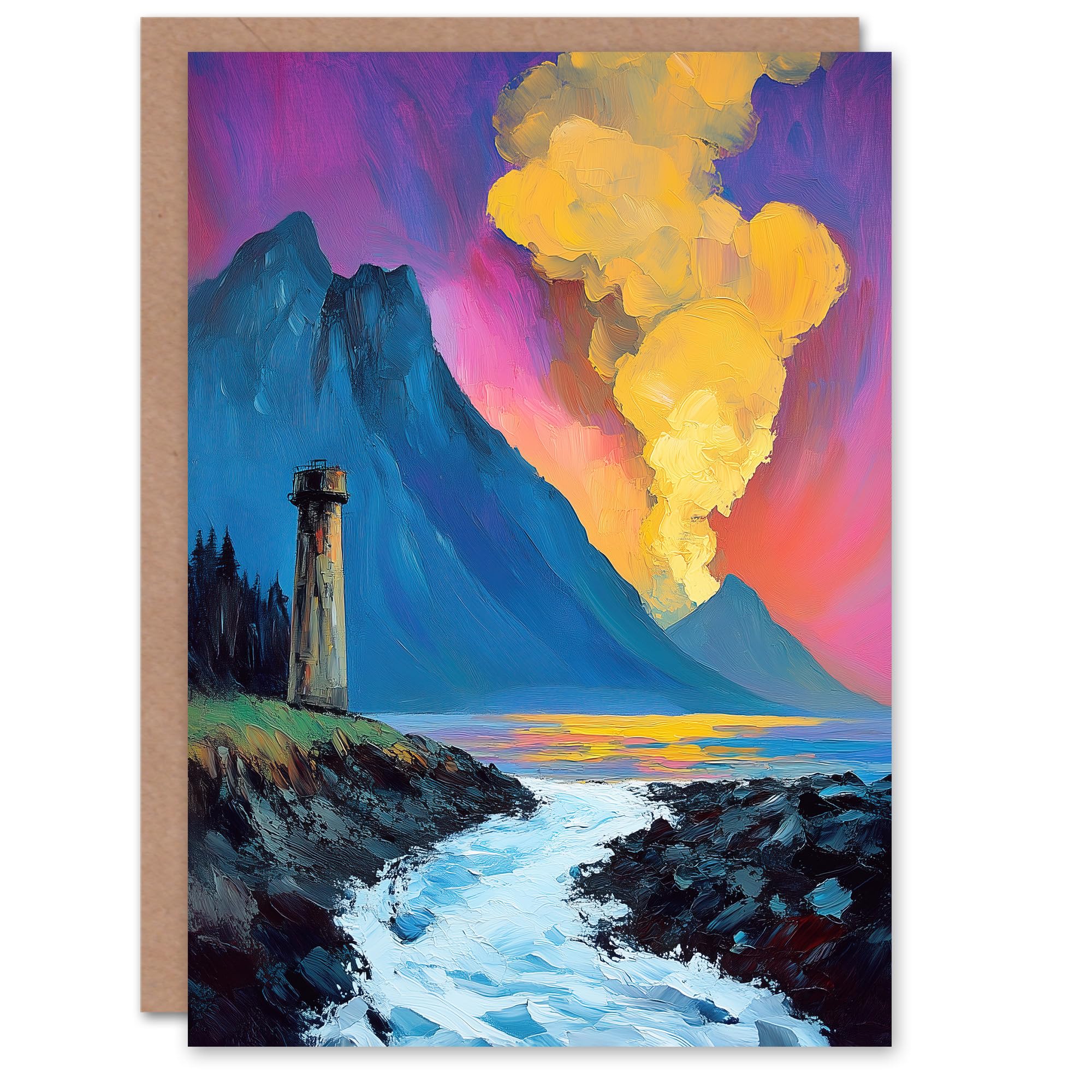 Artery8 Greeting Card Lighthouse by Volcano Iceland Coastal Landscape Blank For Him Or Her Art Birthday Card