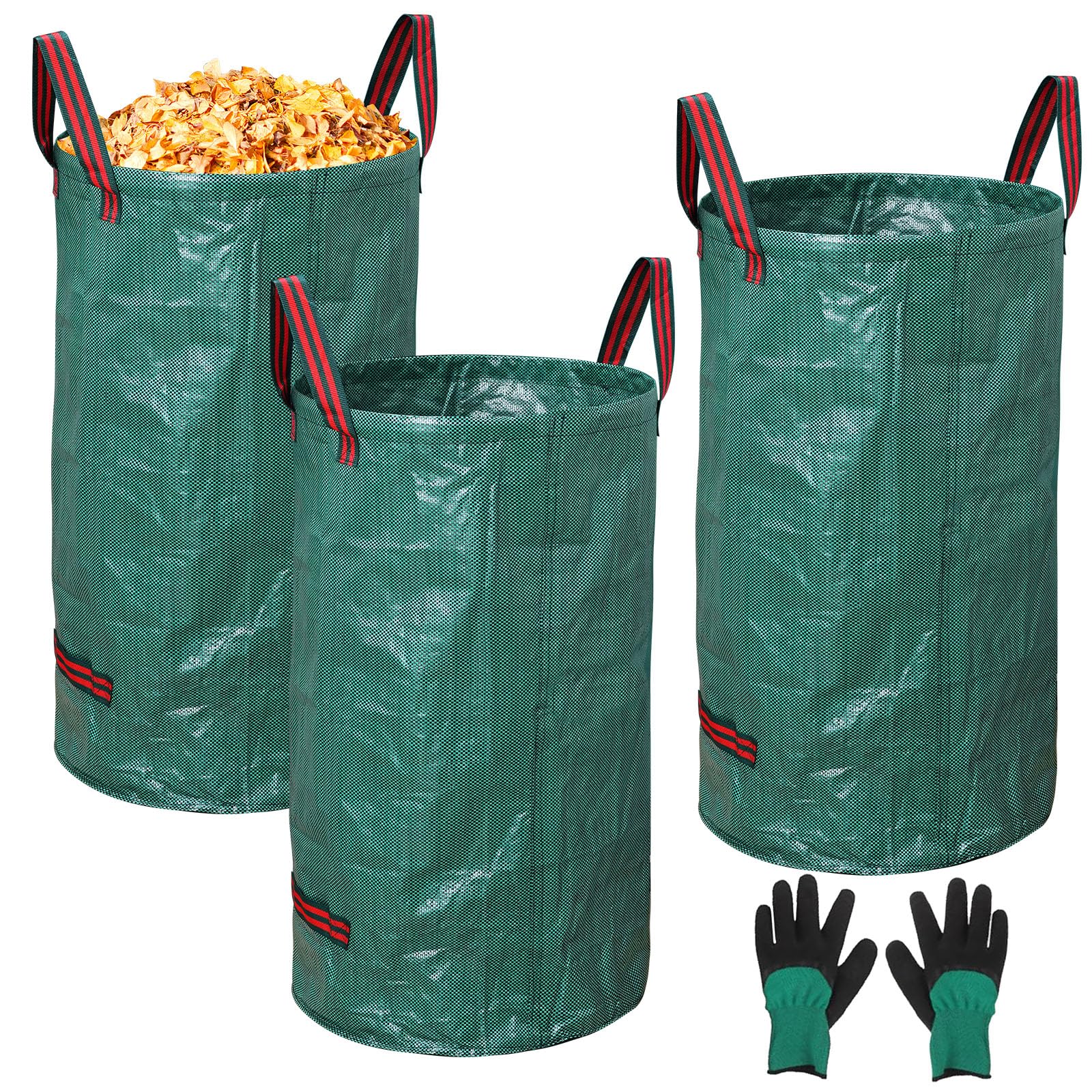 Confezione da 3 sacchetti per rifiuti da giardino, riutilizzabili, resistenti, pieghevoli, con anello in plastica, con guanti da giardinaggio, cestino per rifiuti da cortile, per foglie, detriti del