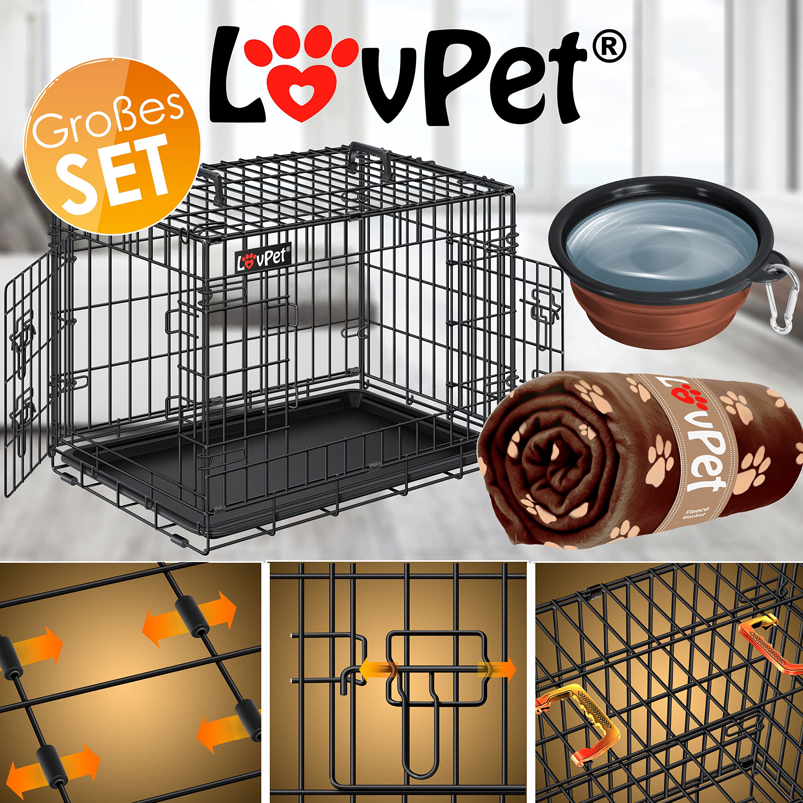 LOVPET® Gabbia pieghevole per Cani con Coperta in Pile + Ciotola per Cani con 2 porte Gabbia per Trasporto Auto - 92,5x57,5x64 cm, Trasportino per Animali con Pavimento, L - Nero