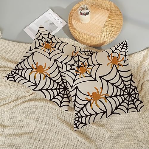 Miniatura 3 de QANOK Juego de 2 fundas de almohada de Halloween de 20 x 20 pulgadas, decoración de Halloween, almohadas de tela de araña, fundas de cojín