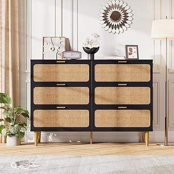 GarveeHome Rattan 6 Drawer Dresser for Bedroom, Large Double Dresser with Deep Drawers, Long Wooden Chest of Drawers for Closet with Wide Top, for Living Room, Hallway, Kids Room, Black